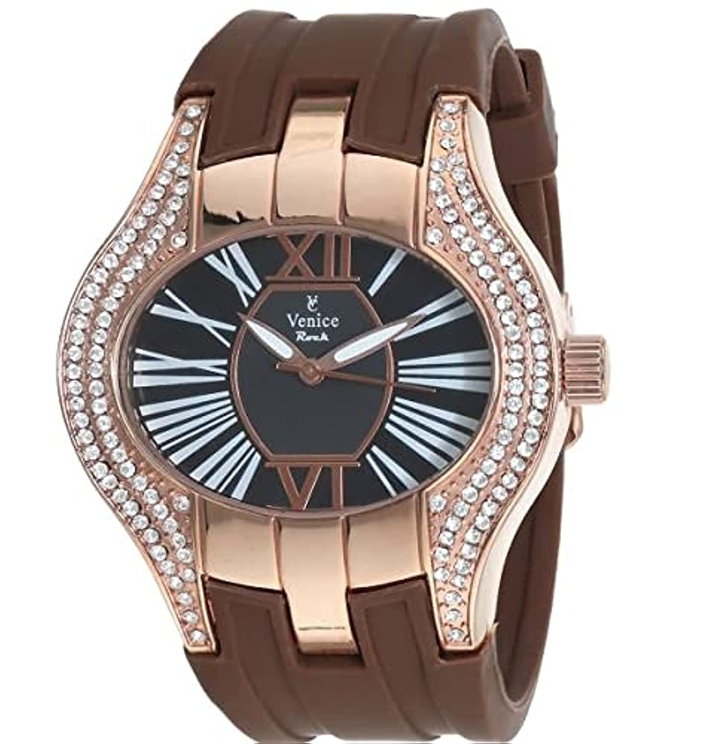 Venice V8064-IPR-C Two-Tone Silicone Stones embellished Bezel Oval Analog Watch for Women - Brown, brown, bracelet