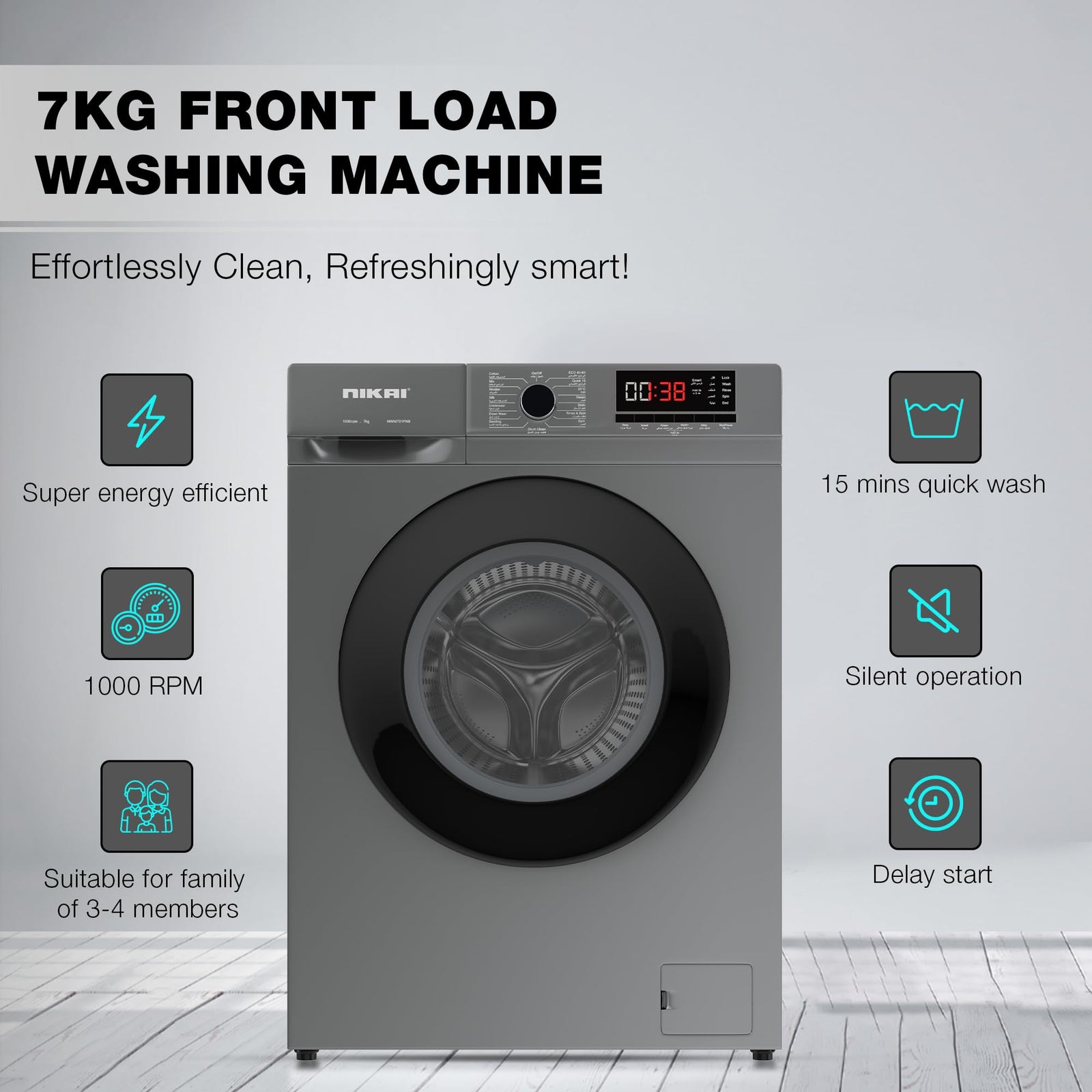 Nikai 7KG 16 Programs Front Load Washer, Steam Wash, 1000 RPM, 4 Star Energy Saving, Fully Automatic Washing Machine, Digital LCD Display, Child Lock, Best for Home & Small Family - NWM701FN9S Silver