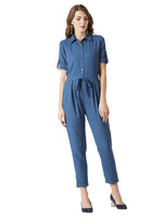 Miss Olive Women's Regular Fit Shirt Style Solid Jumpsuit.Azure Blue.L