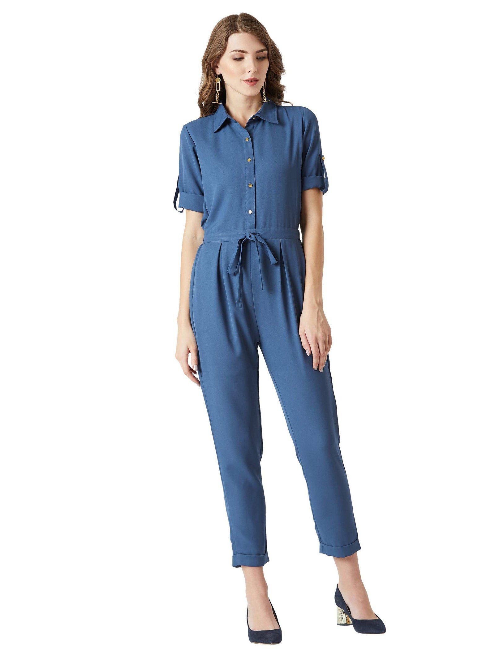 Miss Olive Women's Regular Fit Shirt Style Solid Jumpsuit.Azure Blue.XXL