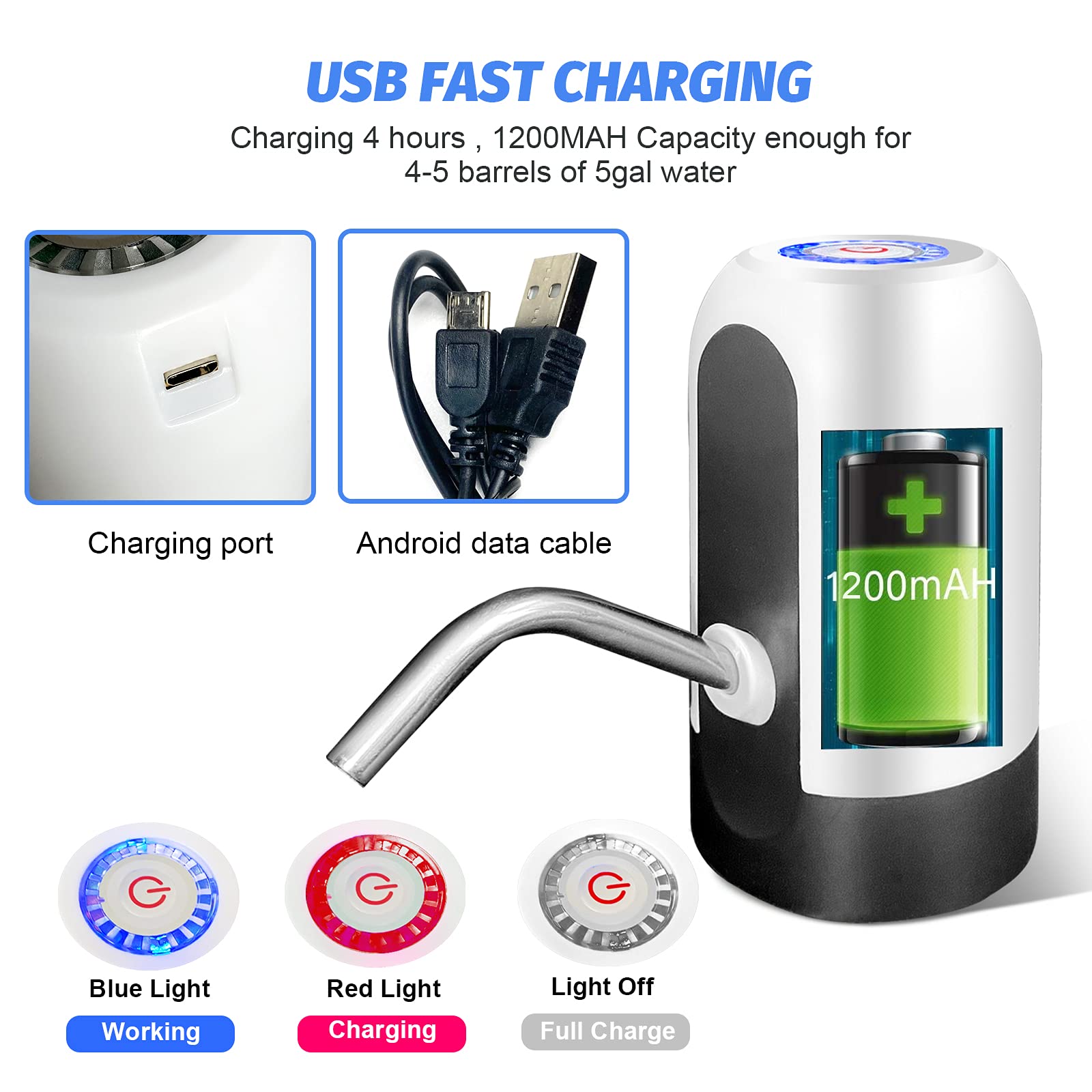 مضخة زجاجة ماء SKY-TOUCH بسعة 5 جالون، مضخة ماء كهربائية محمولة قابلة للشحن عبر USB لأباريق بسعة 2-5 جالون، موزع ماء محمول USB للمكتب، المنزل، التخييم، المطبخ، وغيرها. أبيض
