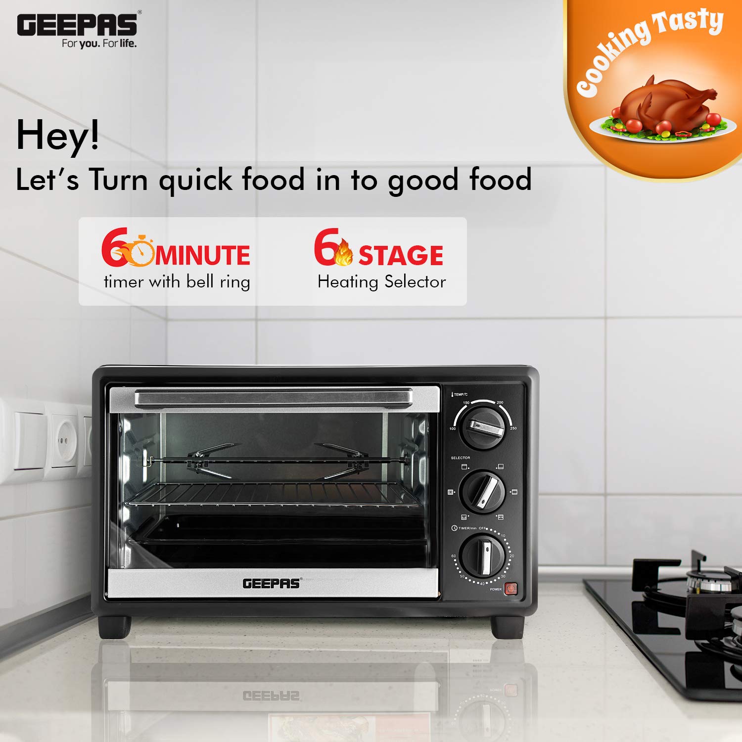 Geepas GO4464 25L Electric Oven With Rotisserie- 1600W power, 6 Stages Heating Selector