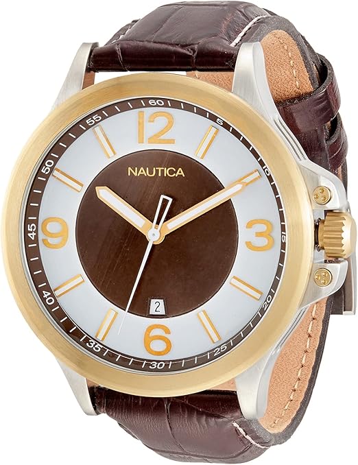 Nautica A20031G Men's Brushed Silver & Gold Watch with Brown Croco Pattern Leather Strap