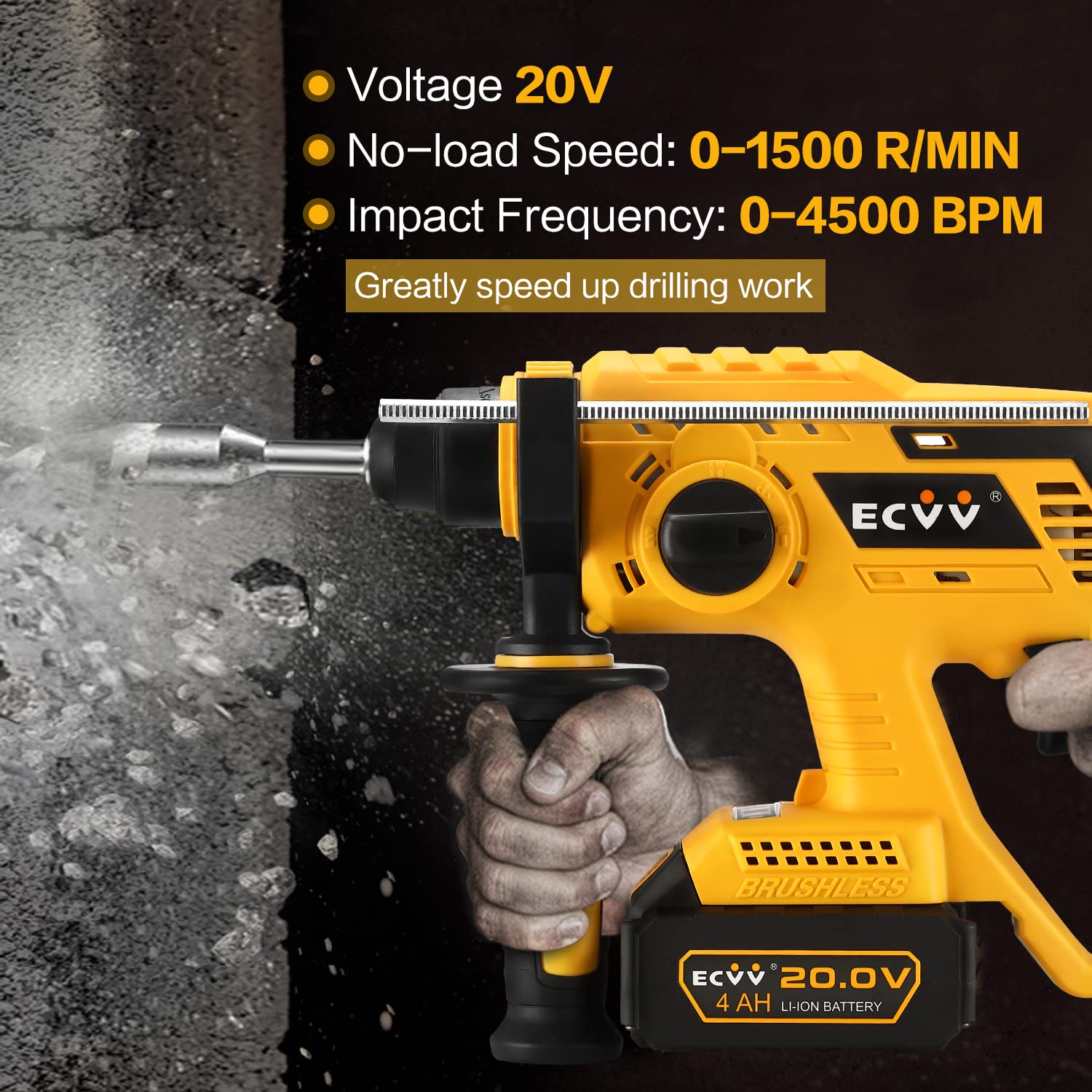 ECVV Rotary Hammer 20V Cordless Brushless Hammer Drill Kit Includes 1 x 4Ah Battery with SDS-Plus Chuck, 4 Modes, Safety Clutch, 360°Rotating Auxiliary Handle for Concrete, Metal & Wood Drilling