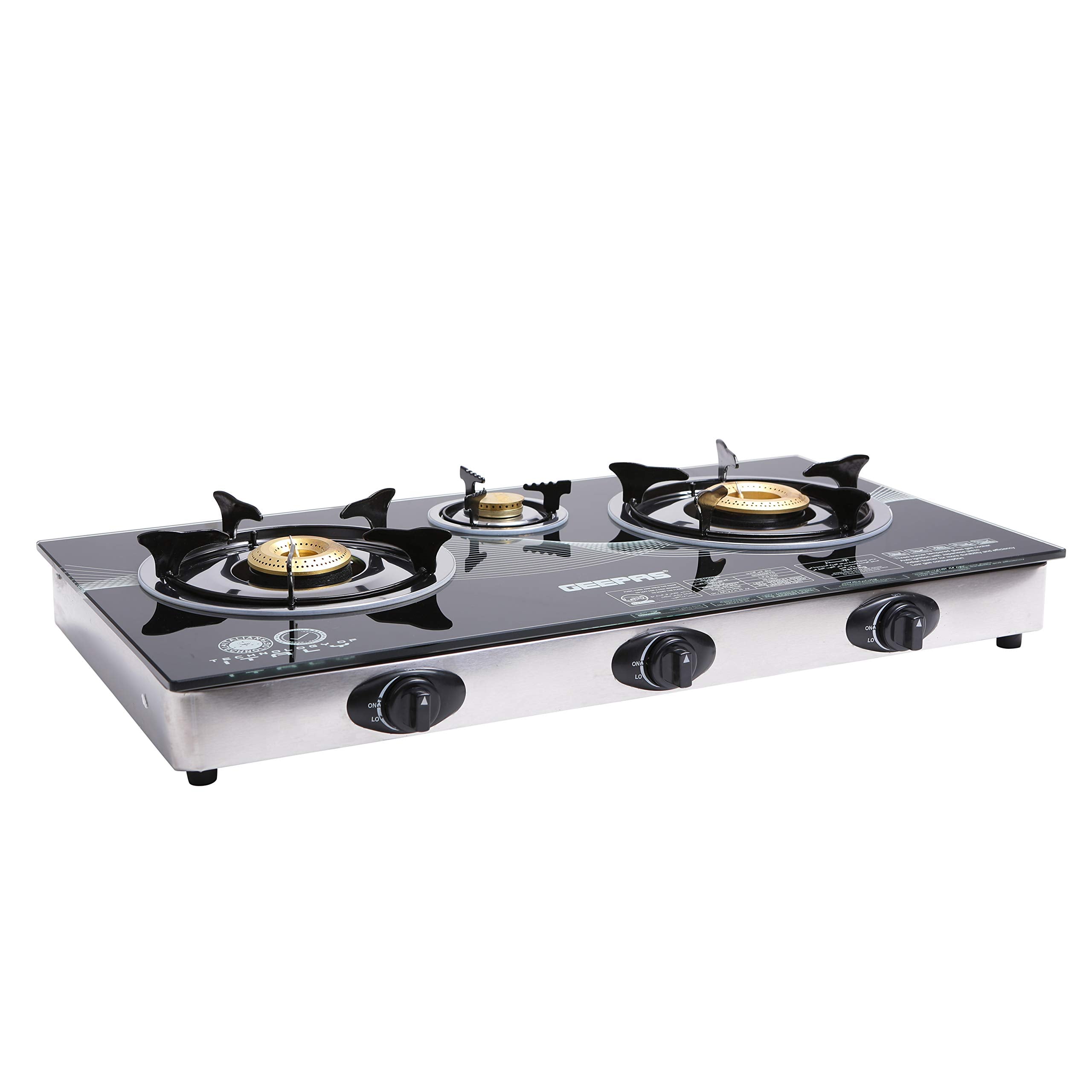 Geepas Triple Gas Burner with Tempered Glass - Auto-Ignition, Thick Pan Support & Comfortable Knobs | GK6880| Low Gas Consumption | Perfect for All Types of Kitchen