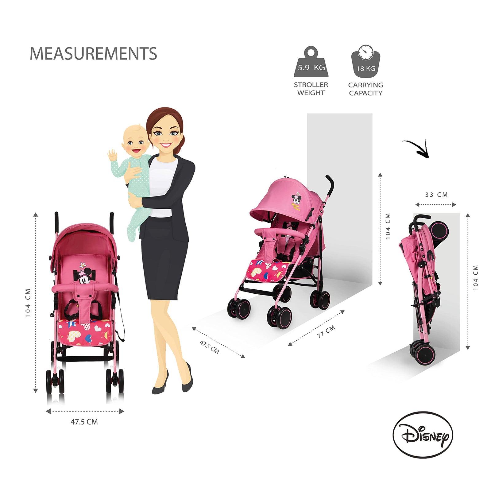 Disney Minnie Mouse Lightweight Adventure Stroller + Storage Cabin | 0-36 months, Compact Design, Shoulder Strap, Adjustable Reclining Seat and More.