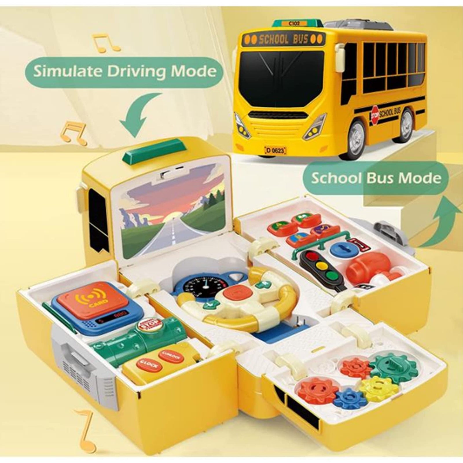 School Bus Toy with Sound and Light Simulation Steering Wheel Gear Toy Musical School Bus Toy for Toddler, Educational Bus Driving Toy Multifunction Preschool Gift Children Boy Girl Toy (Yellow)