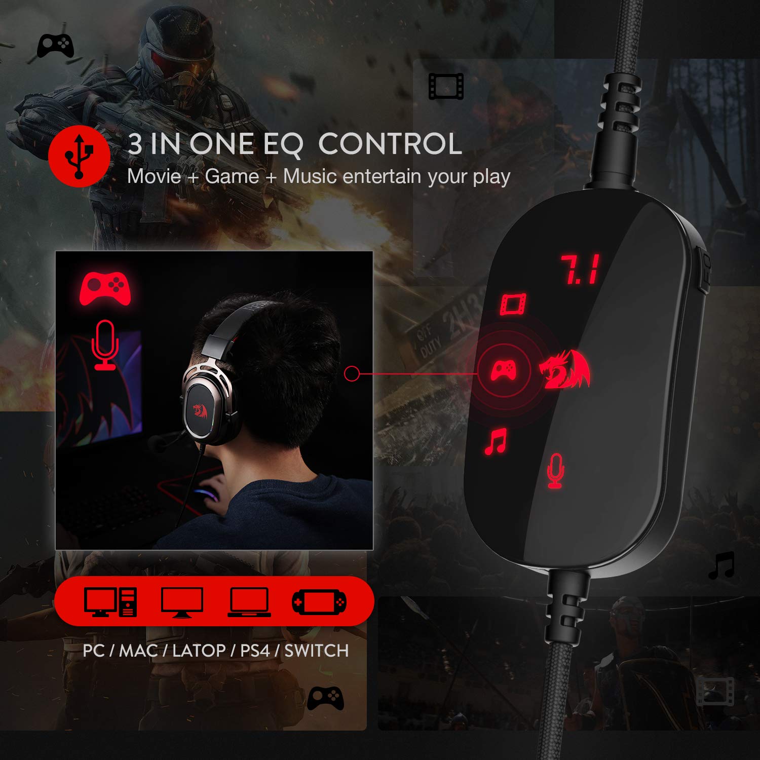 Redragon H710 Helios Wired Gaming Headset - 7.1 Surround Sound - Memory Foam Ear Pads - 50Mm Drivers - Detachable Microphone - Multi Platform Headphone - Works With Pc/Ps4/Switch