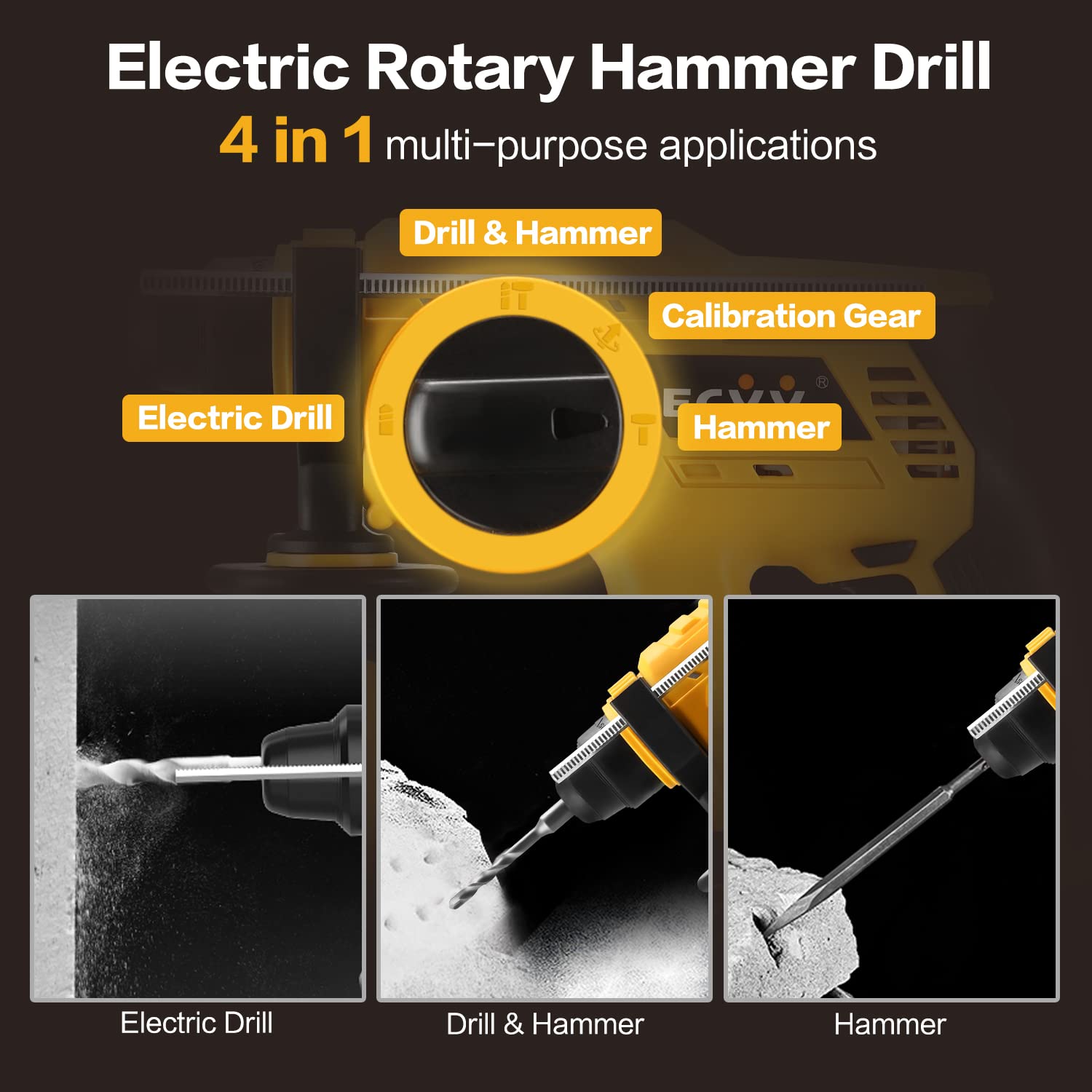 ECVV Rotary Hammer 20V Cordless Brushless Hammer Drill Kit Includes 1 x 4Ah Battery with SDS-Plus Chuck, 4 Modes, Safety Clutch, 360°Rotating Auxiliary Handle for Concrete, Metal & Wood Drilling