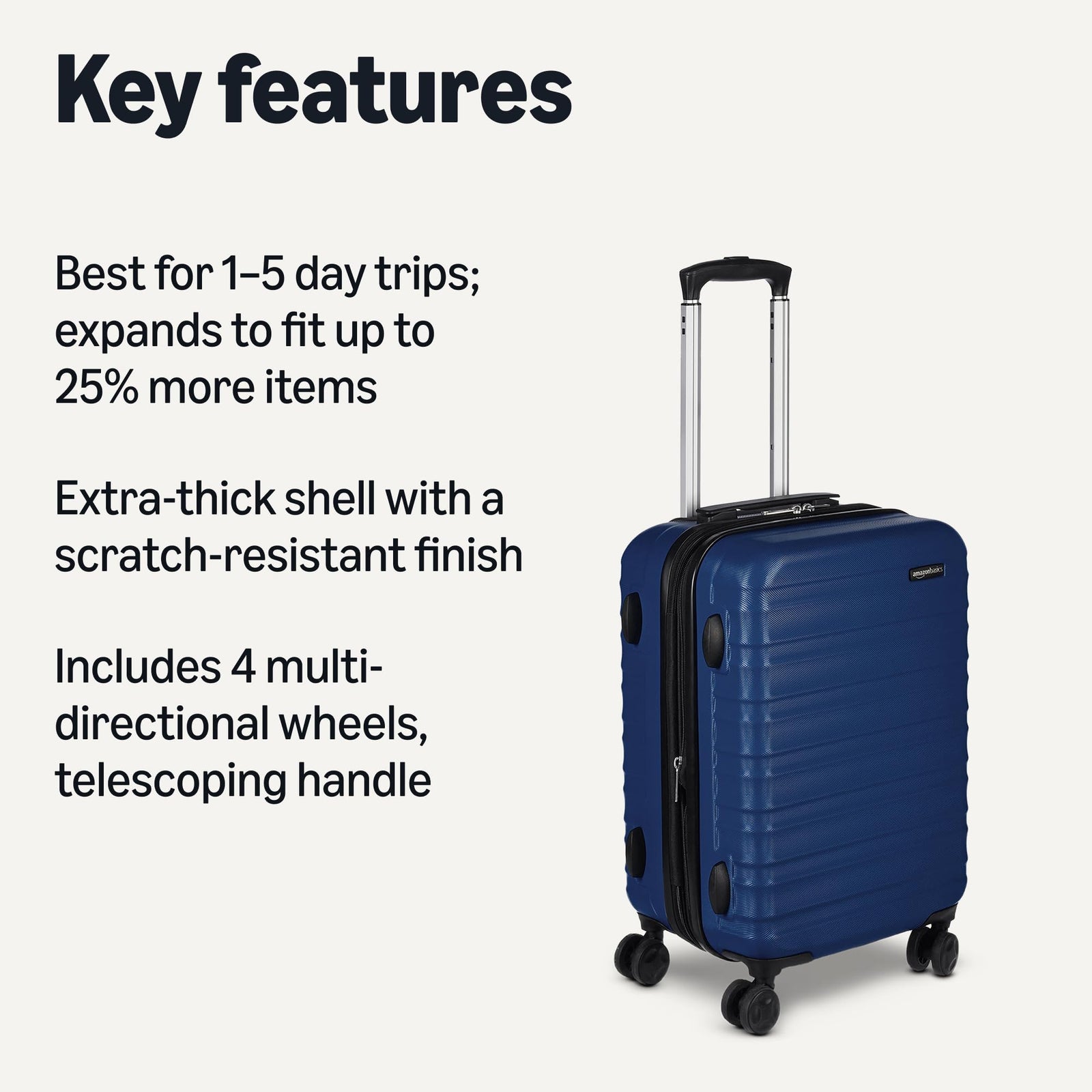Amazon Basics Hardside Spinner Luggage- 21 inch (55cm), Material: ABS, Navy Blue