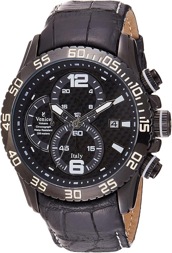 Venice T6003-IPB-W Crocodile embossed Leather Two-Tone Round Chronograph Analog Watch for Men - Black