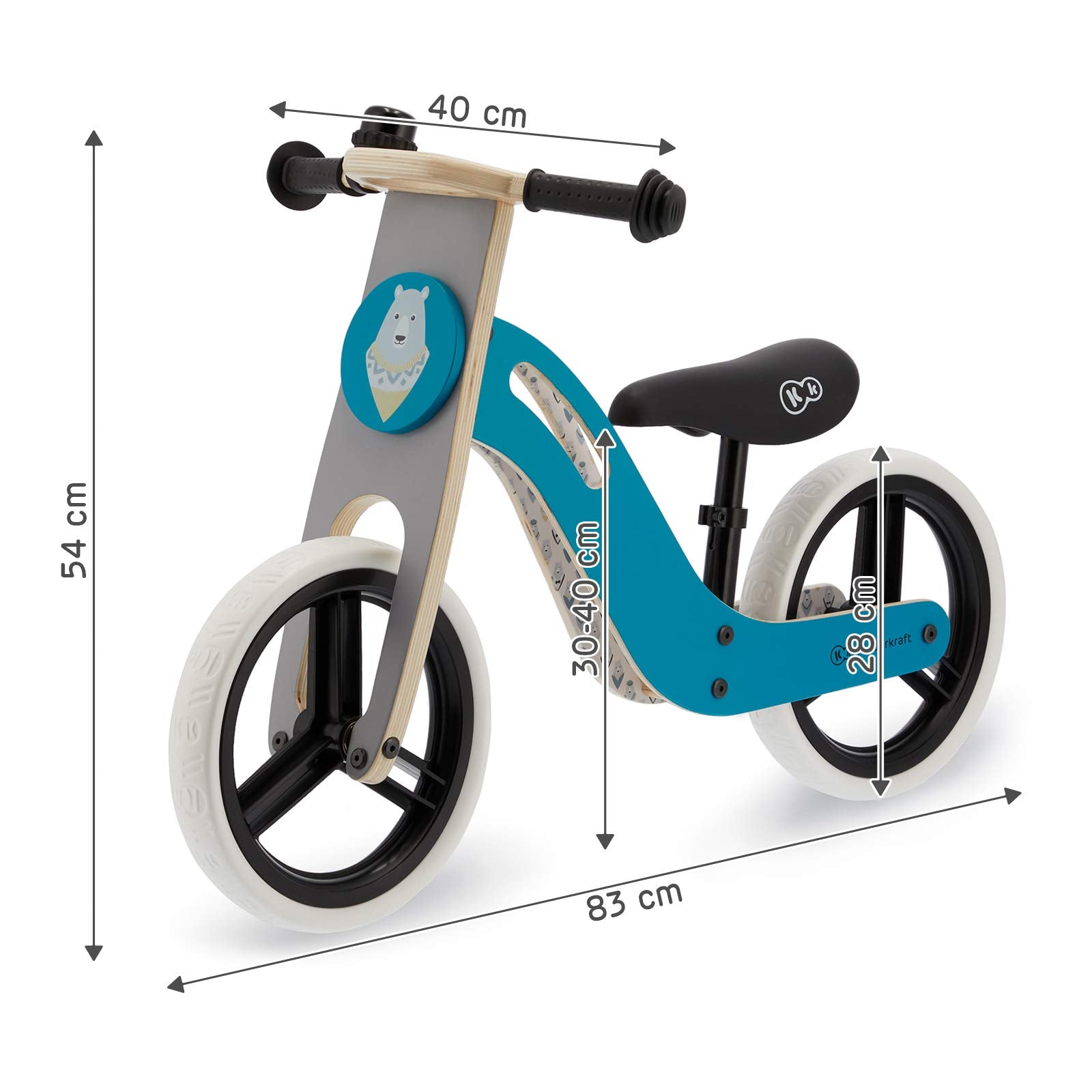 Wooden Balance Bike Uniq, Lightweight Bicycle, Easy Transport, 12 Inches Wheels, With Ajustable Saddle, Accessories, Bell, 2 Handles, For Toddlers, From 2 To 5 Years, To 35 Kg, Turquoise 83 x 54 x 40cm