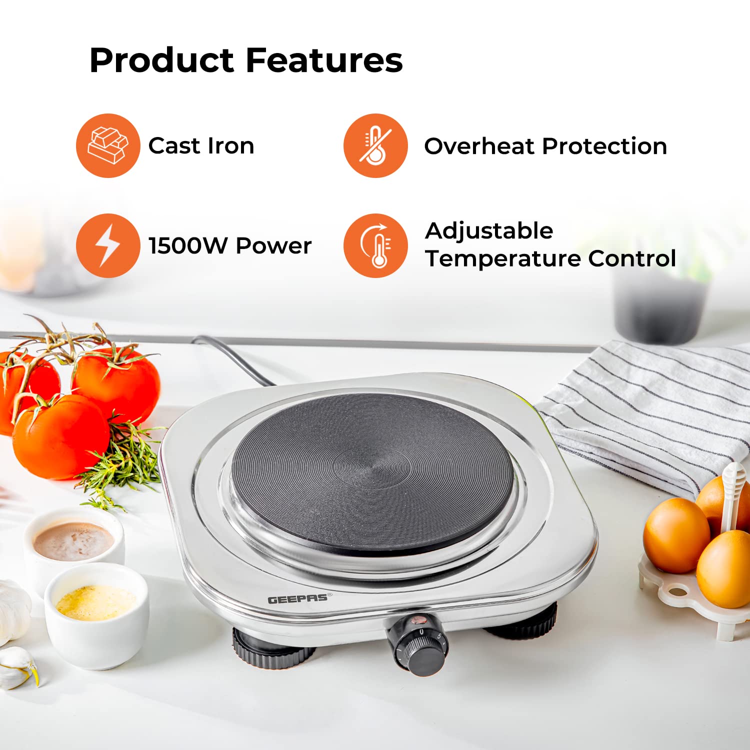 Geepas Stainless Steel Single Hot Plate, Indicator Light, GHP32023 1500W, Adjustable Temperature Control, Overheat Protection,2 Years Warranty, Silver