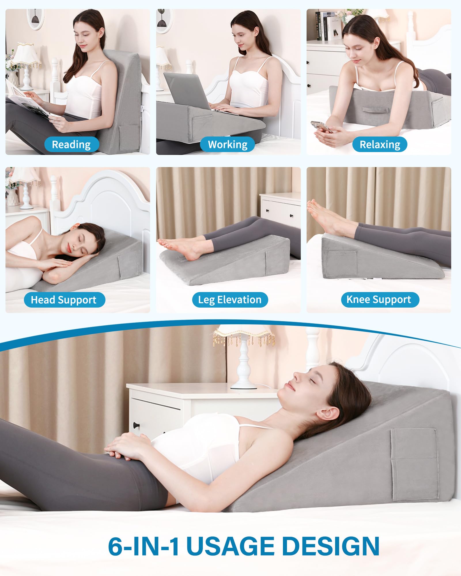 Lossey Wedge Pillow for Sleeping, 12 Inch Bed Wedge Pillow for After Surgery, Acid Reflux, Snoring, Memory Foam Top Triangle Pillow Wedge for Head, Back, Leg Pain Relief with Machine Washable Cover