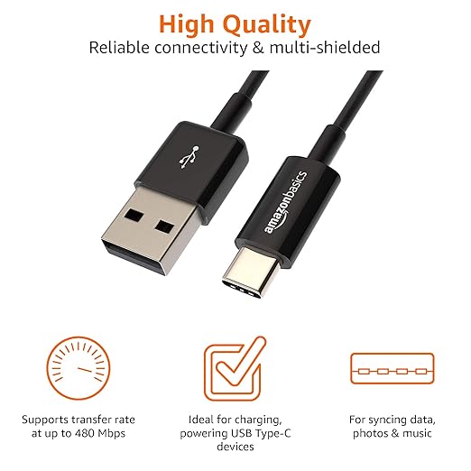 Amazon Basics AmazonBasics USB Type-C to USB-A 2.0, 480Mbps Speed, USB-IF Certified, for Apple iPhone 15, iPad, Samsung Galaxy, Tablets, Laptops, 9 Feet (2.7 Meters) - Black