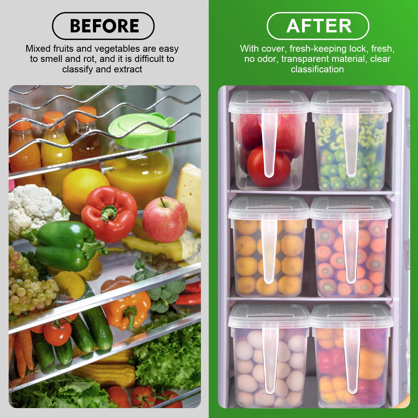 SKY-TOUCH 6pcs Refrigerator Organizer, Stackable Plastic Kitchen Food Storage Containers with Lids and Handle for Fruits Vegetables, Freezer Safe Boxes, Transparent