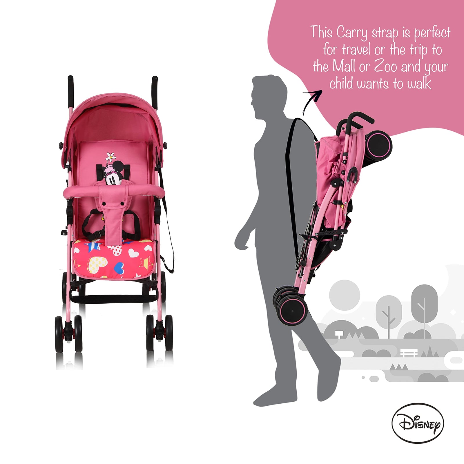 Disney Minnie Mouse Lightweight Adventure Stroller + Storage Cabin | 0-36 months, Compact Design, Shoulder Strap, Adjustable Reclining Seat and More.