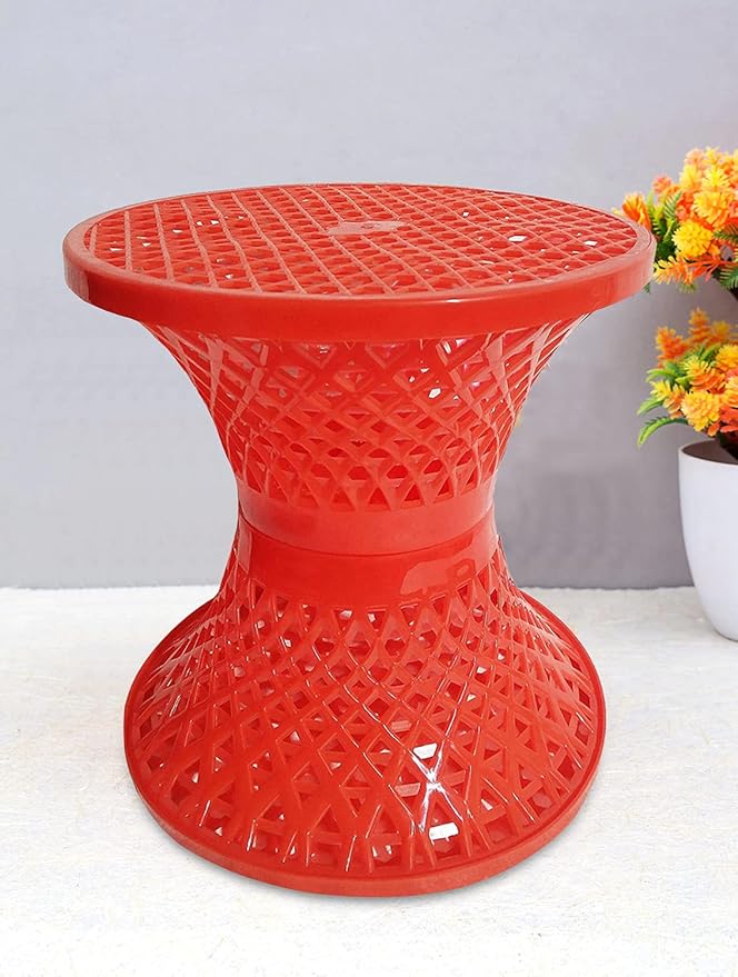 Fun Homes Mesh Design Both Sided Plastic Sitting Stool For Indoor & Outdoor in Damroo Style- Pack of 2 (Orange & White)