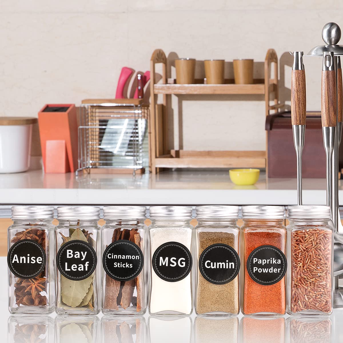 MONICA 14-Piece Glass Spice Jar Set with 2 Types of Spice Labels, 4oz Empty Square Spice Bottles, Three Types of Shaker Lids, and Airtight Metal Caps - White Paint Pen and Collapsible Silicone Funnel Included