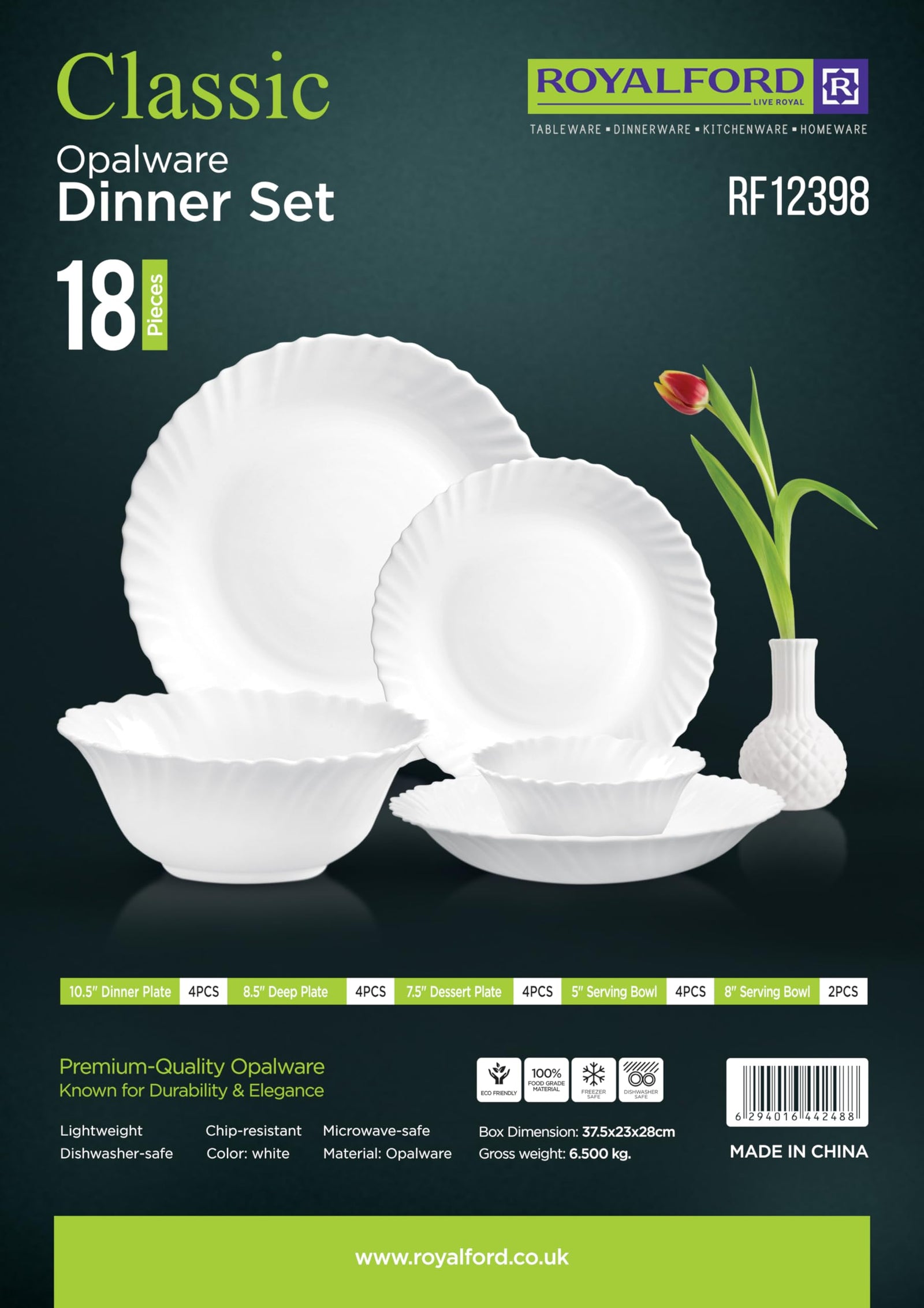 Royalford 18pcs Opalware Dinner Sets RF12398 Lightweight Chip Resistant Dishwasher Safe Freezer Safe Microwave Safe Ideal for Family Meals and Casual Gatherings Classic Pearl White