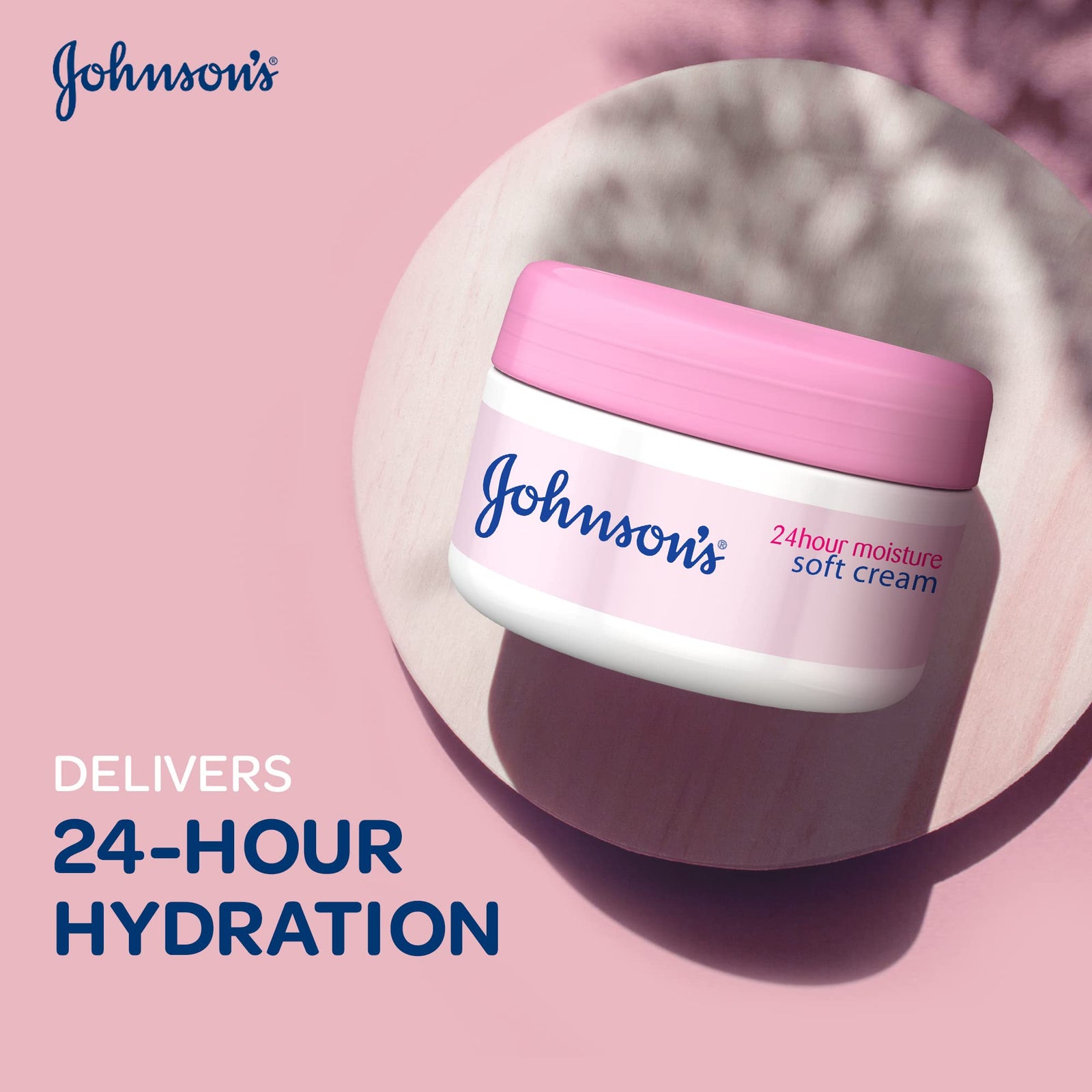 Johnson's 24 Hour Moisture Body Cream, a gentle and hydrating soft formula designed to reduce skin tightness, flakiness, and dullness, providing long-lasting comfort and a healthy glow, 300ml.