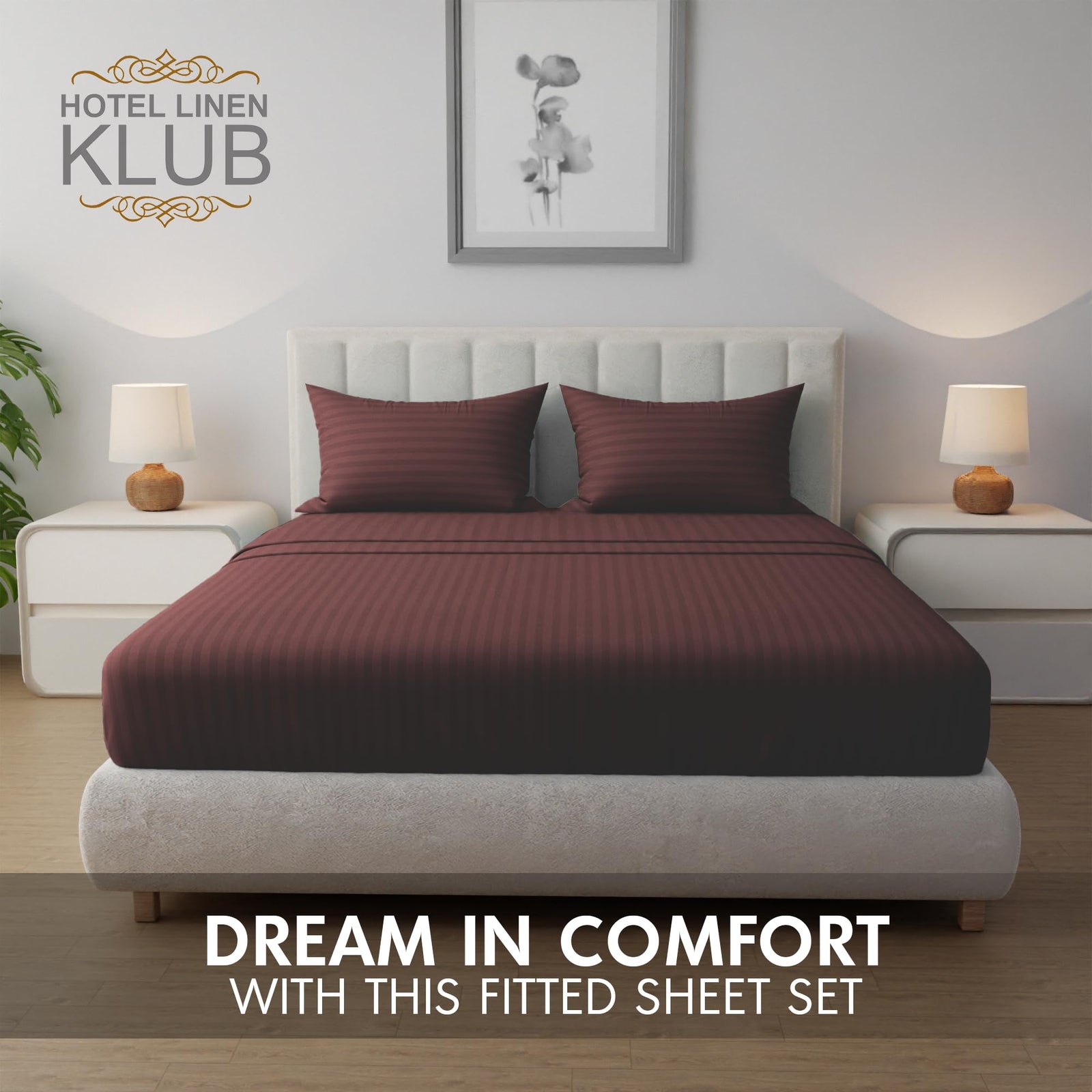 Hotel Linen Klub Striped Microfiber Fitted Sheet Set - Double (120 x 200 cm) + 2 Pillowcases (50 x 75 cm), Premium Durable Quality, Deep Pocket for a Perfect Fit, Chocolate