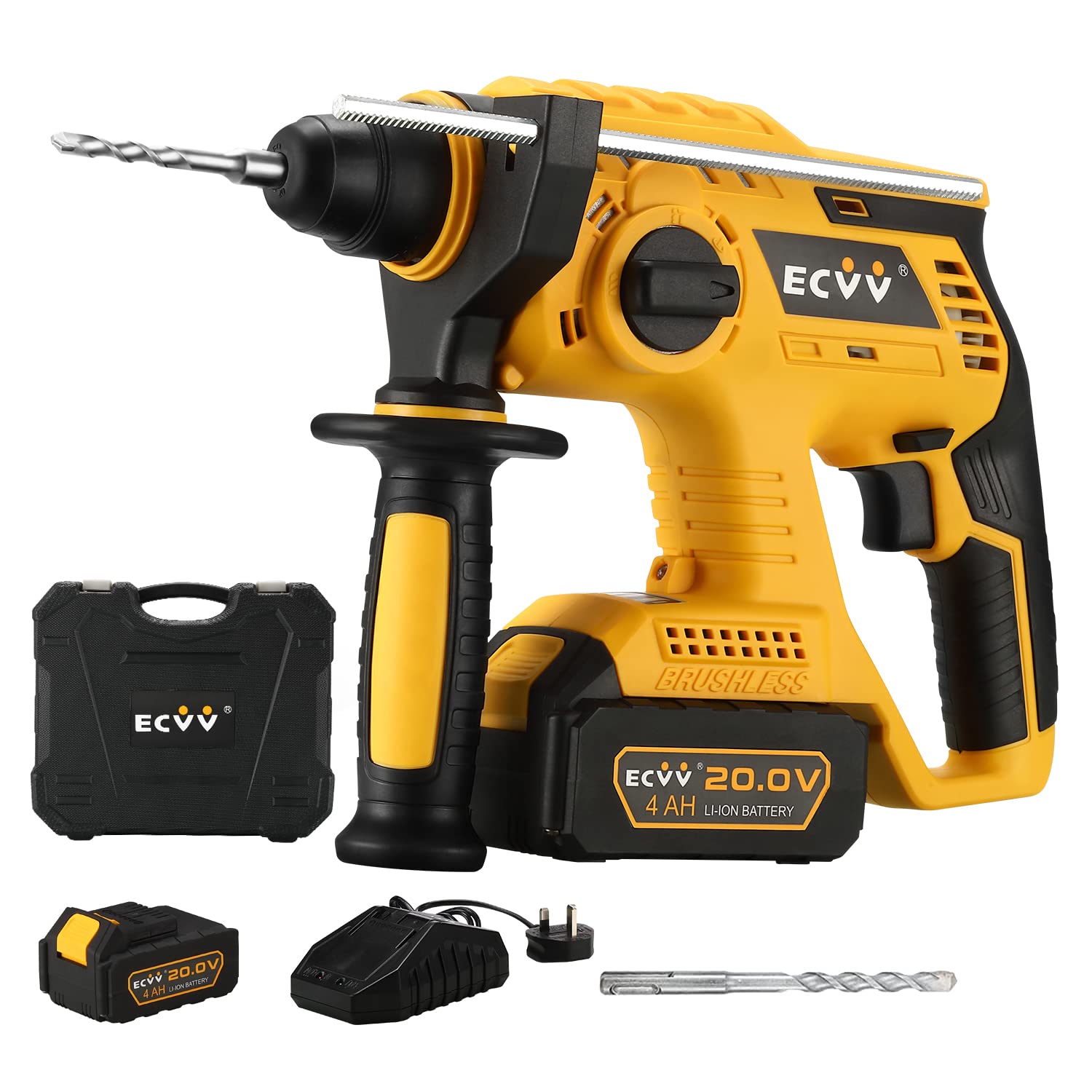 ECVV Rotary Hammer 20V Cordless Brushless Hammer Drill Kit Includes 1 x 4Ah Battery with SDS-Plus Chuck, 4 Modes, Safety Clutch, 360°Rotating Auxiliary Handle for Concrete, Metal & Wood Drilling