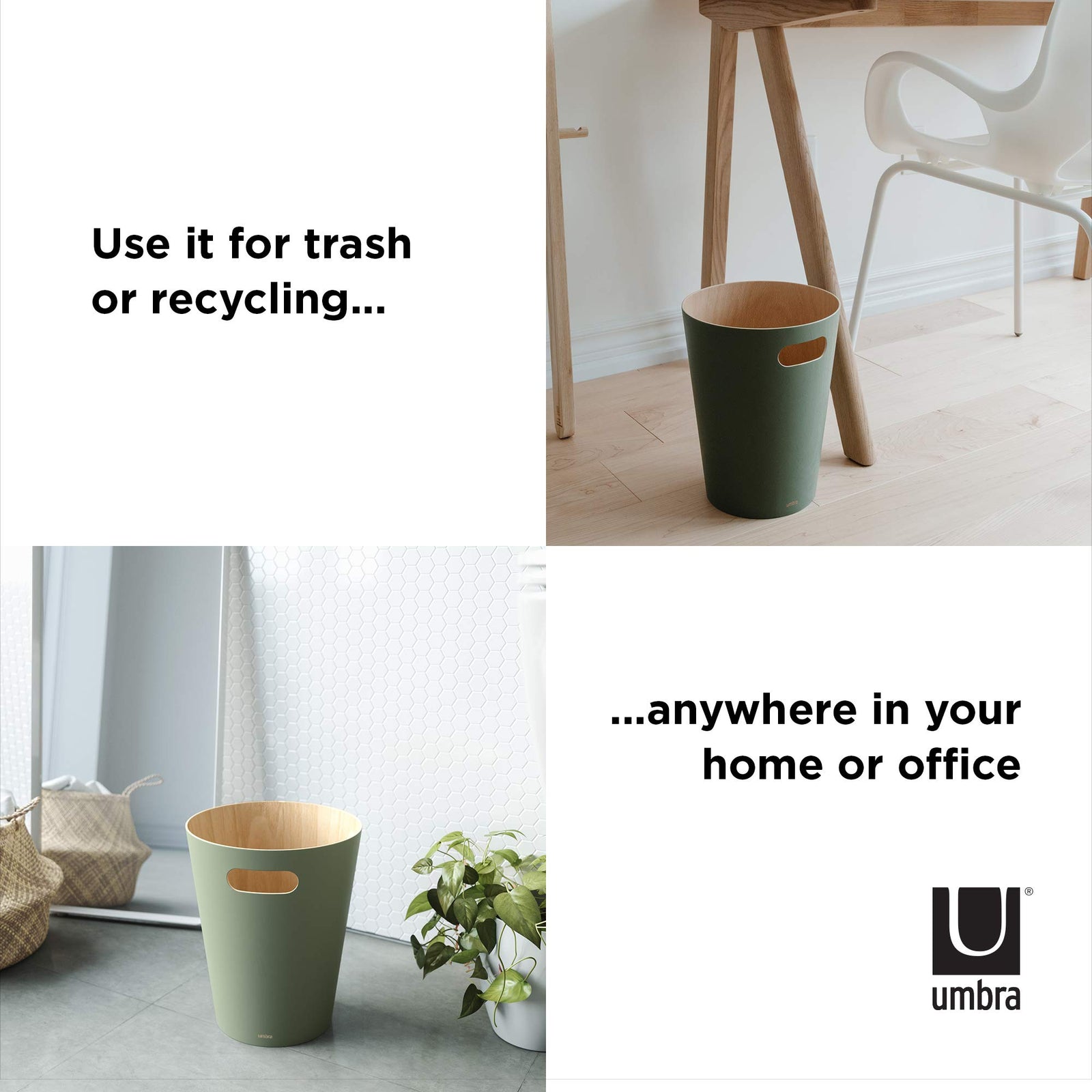 Umbra Woodrow, 2 Gallon Modern Wooden Trash Can Wastebasket or Recycling Bin for Home or Office 082780-1095