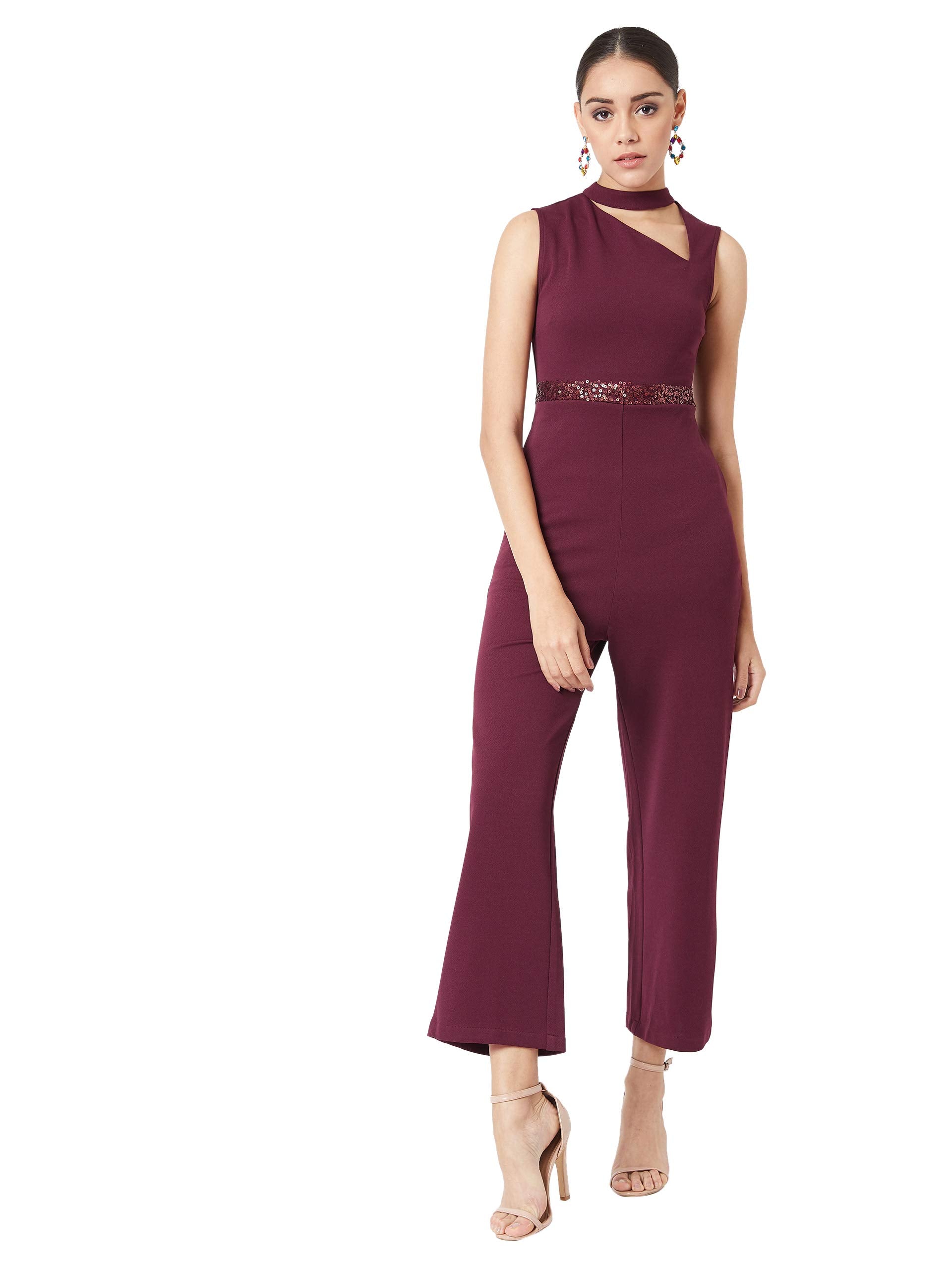 Miss Olive Women's Regular Fit Shirt Style Solid Jumpsuit.Wine.S