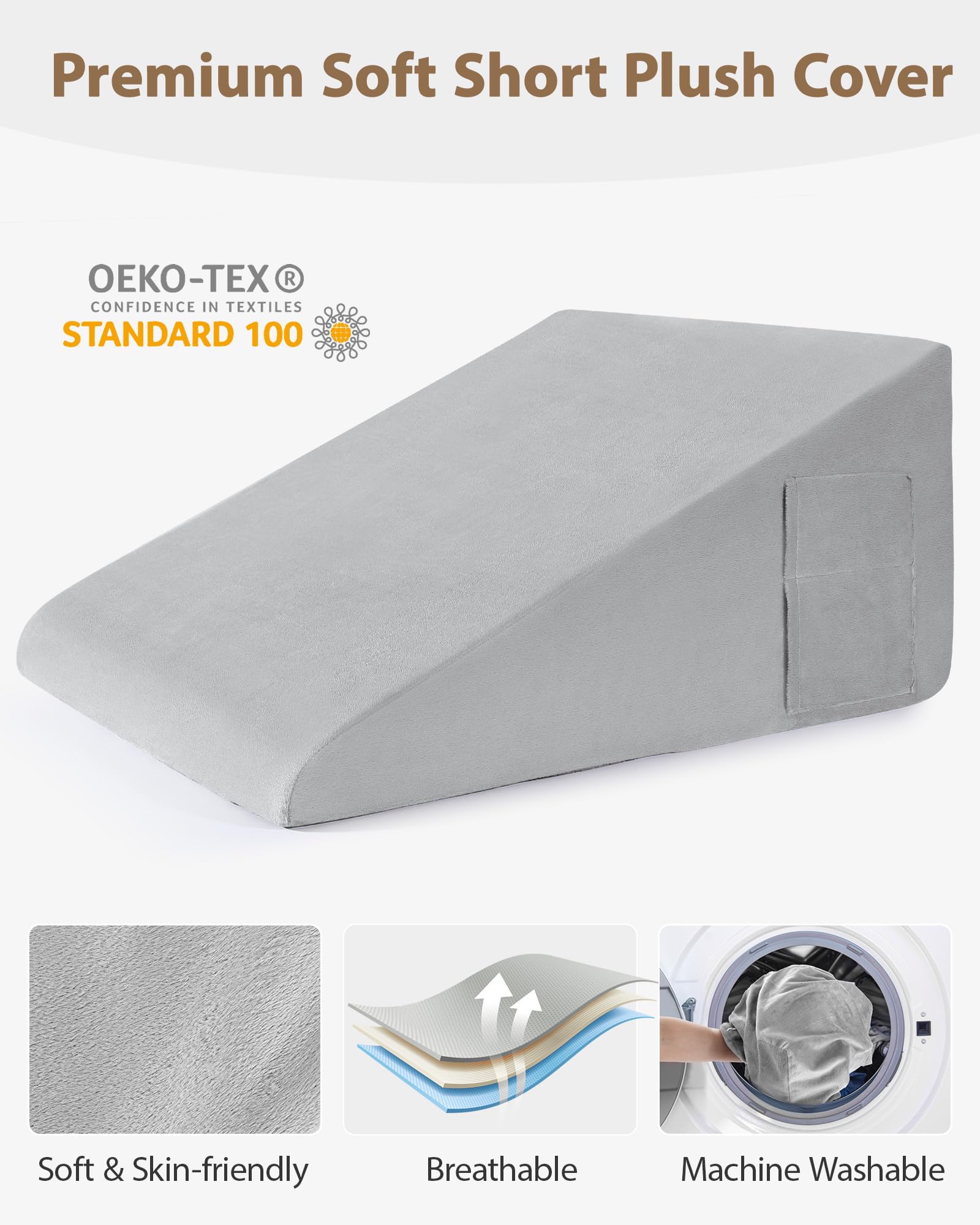 Lossey Wedge Pillow for Sleeping, 12 Inch Bed Wedge Pillow for After Surgery, Acid Reflux, Snoring, Memory Foam Top Triangle Pillow Wedge for Head, Back, Leg Pain Relief with Machine Washable Cover