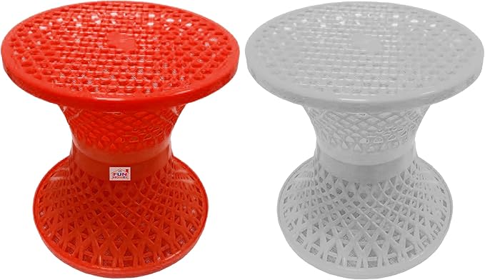 Fun Homes Mesh Design Both Sided Plastic Sitting Stool For Indoor & Outdoor in Damroo Style- Pack of 2 (Orange & White)