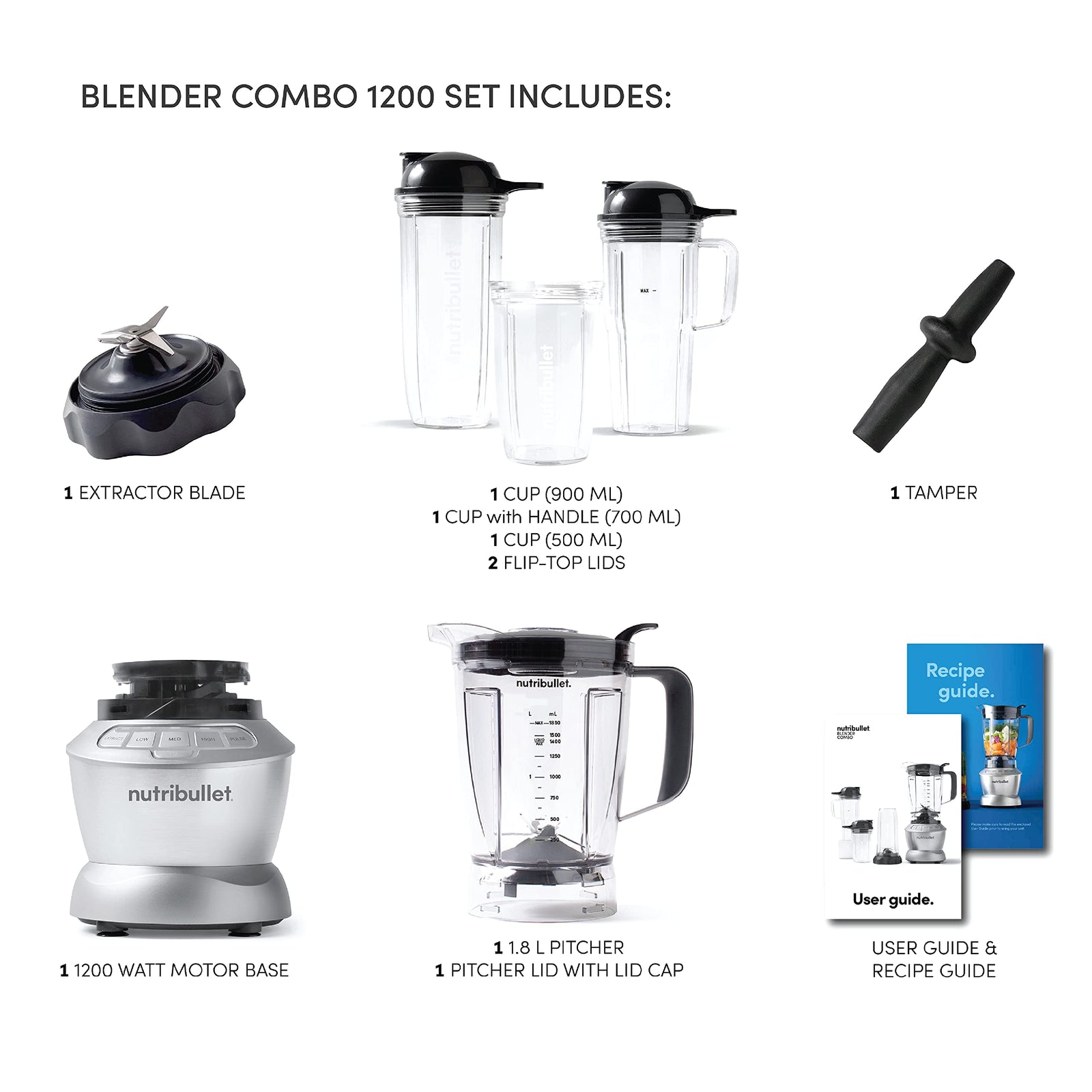 NutriBullet Full Size Blender + Combo 1200 Watts, 9 Piece Set, Multi-Function High Speed Blender, Mixer System With Nutrient Extractor, Smoothie Maker, Silver , NBC-12A.