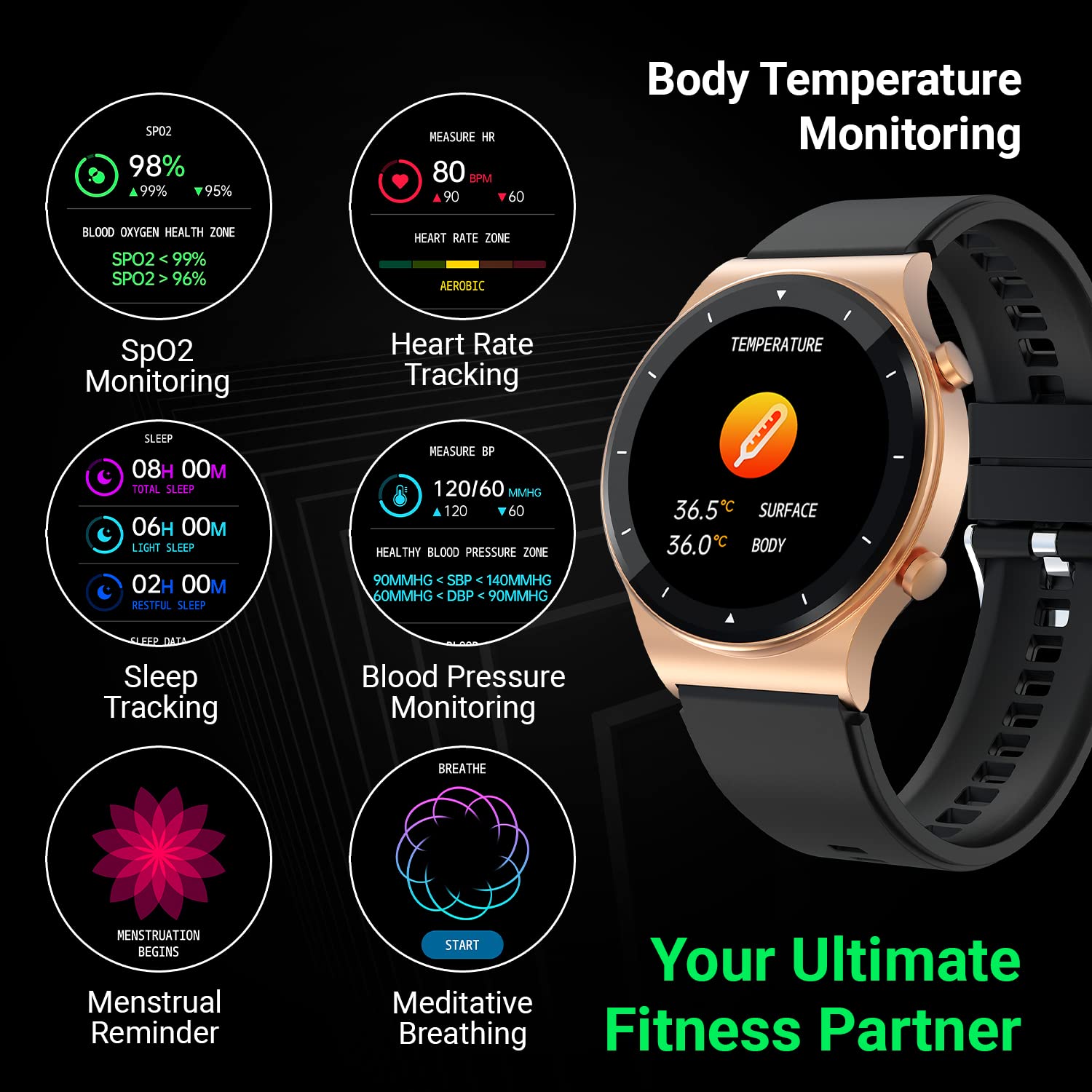 Fire-Boltt 360 Pro Bluetooth Calling 360*360 Pro Display Smart Watch With Rolling Ui & Dual Button Technology, Spo2, Heart Rate & Temperature Monitoring With Local Music And Tws Pairing - Gold