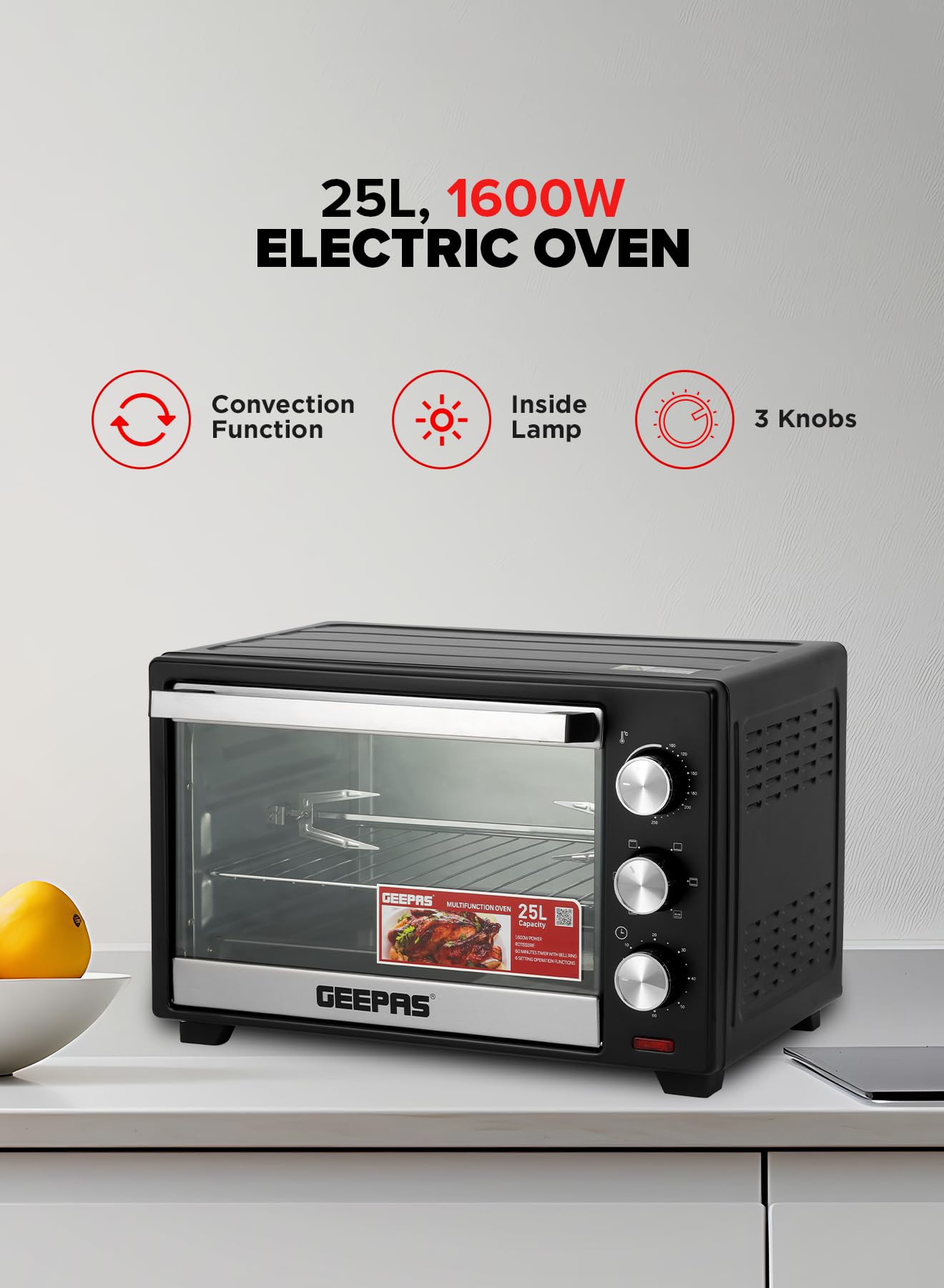 Geepas Electric Oven With Rotisserie 25L,1600W GO34040| Perfect for Baking, Roasting & Grilling - Accessories Included