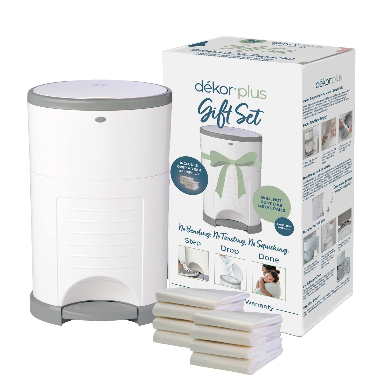 DEKOR Plus Diaper Pail Gift Set – White | Comes with Over a Year's Supply Worth of Refills!