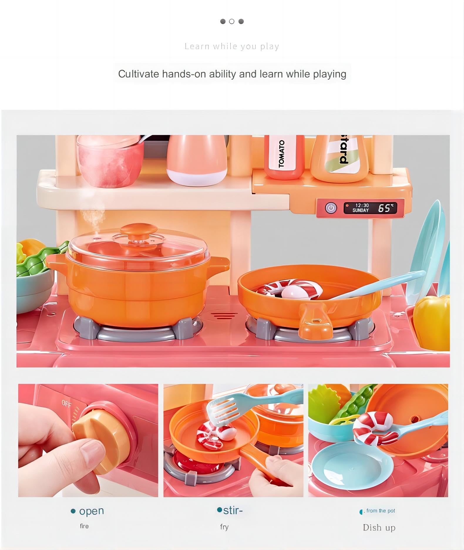 Lenosed Kids Play Kitchen, Simulation Toy Spray Water Tableware Kids Kitchen Toys, 42Pcs Cooking Set Fruit Vegetable Tea Playset Toy For Kids Early Age Development Educational Pretend Player