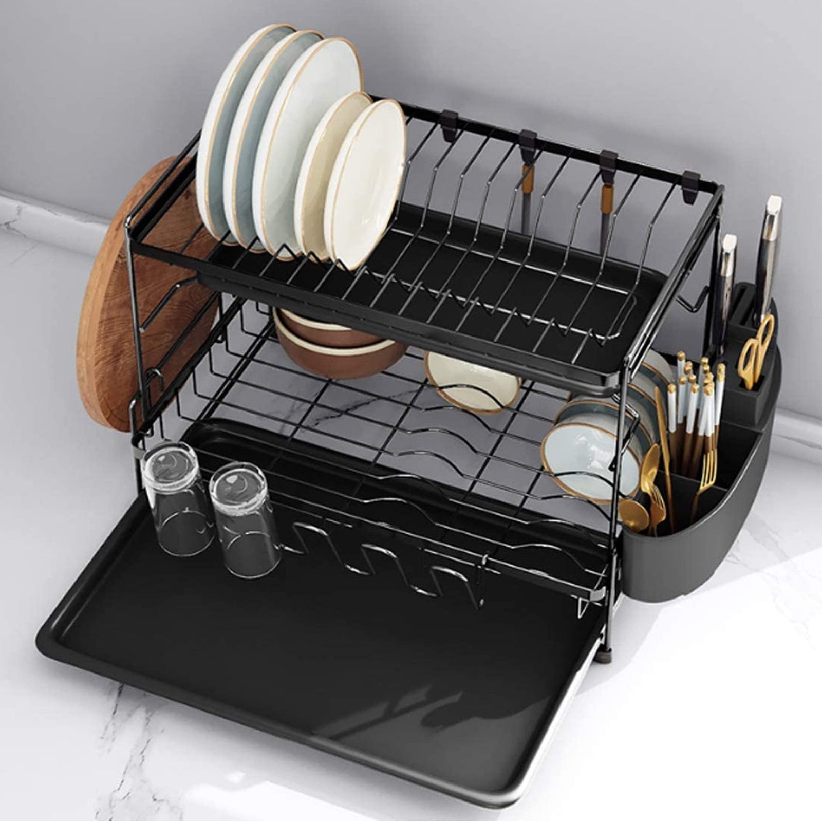 Sulfar 2 Tier Dish Drying Stand with Drainer, Large Kitchen Dish Rack with Utensil, Cup & Cutting Board Holder, Anti-Rust Coating