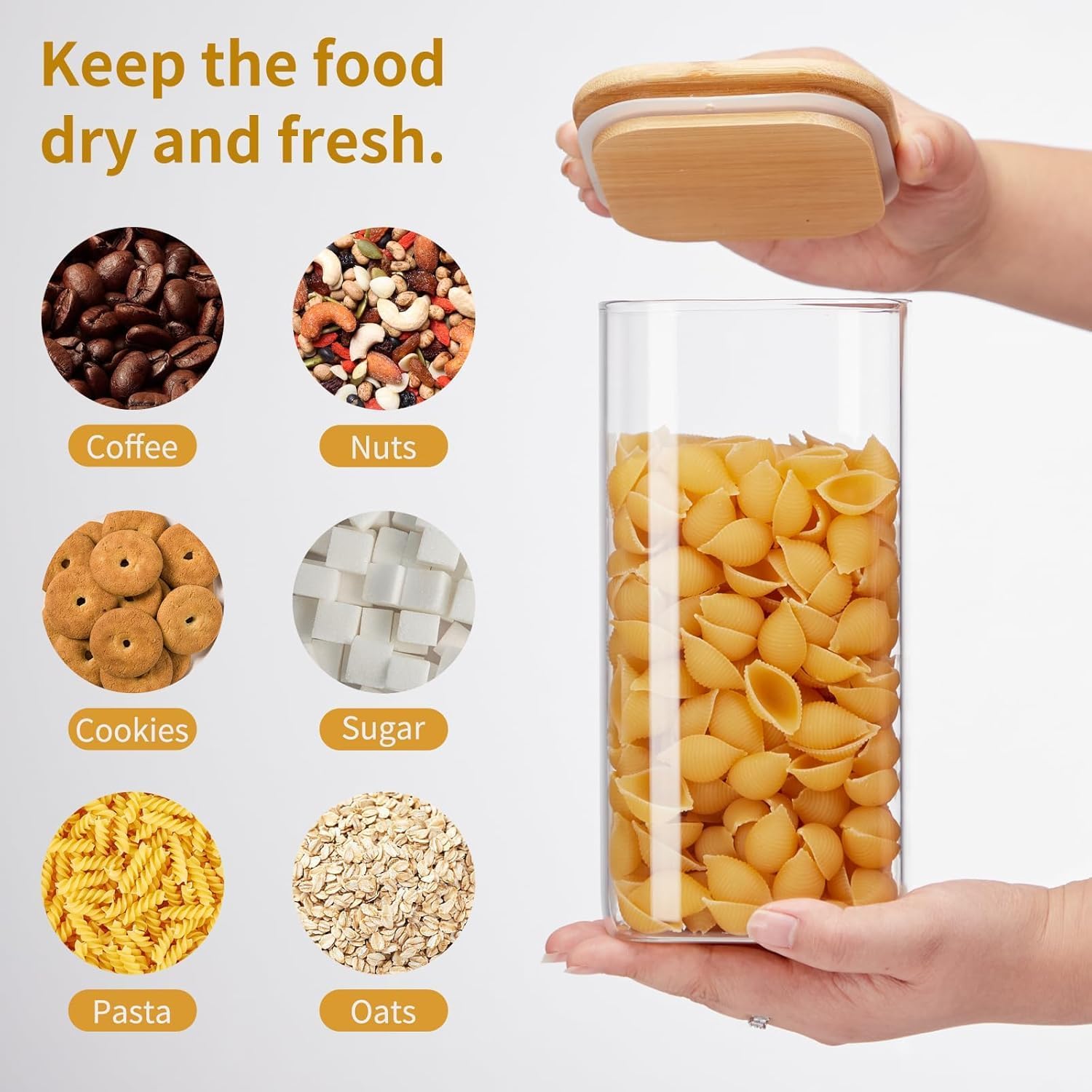 SKY-TOUCH 1500ml Glass Spice Jar storage Set,Food containers,Glass Jar with Bamboo Airtight Lids,Mini Clear Food Storage Containers for kitchen Counter, Rice, Cereal, Tea, Herbs,Sugar,1 piece,transpant