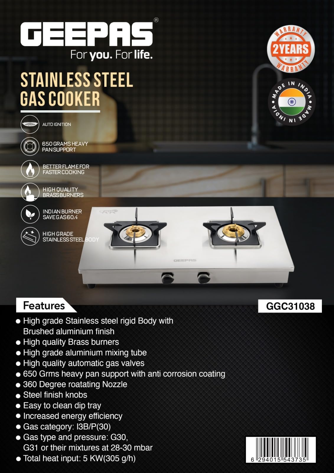 Geepas Stainless Steel Gas Cooker-Auto Ignition System, LPG Gas Stove| Silver