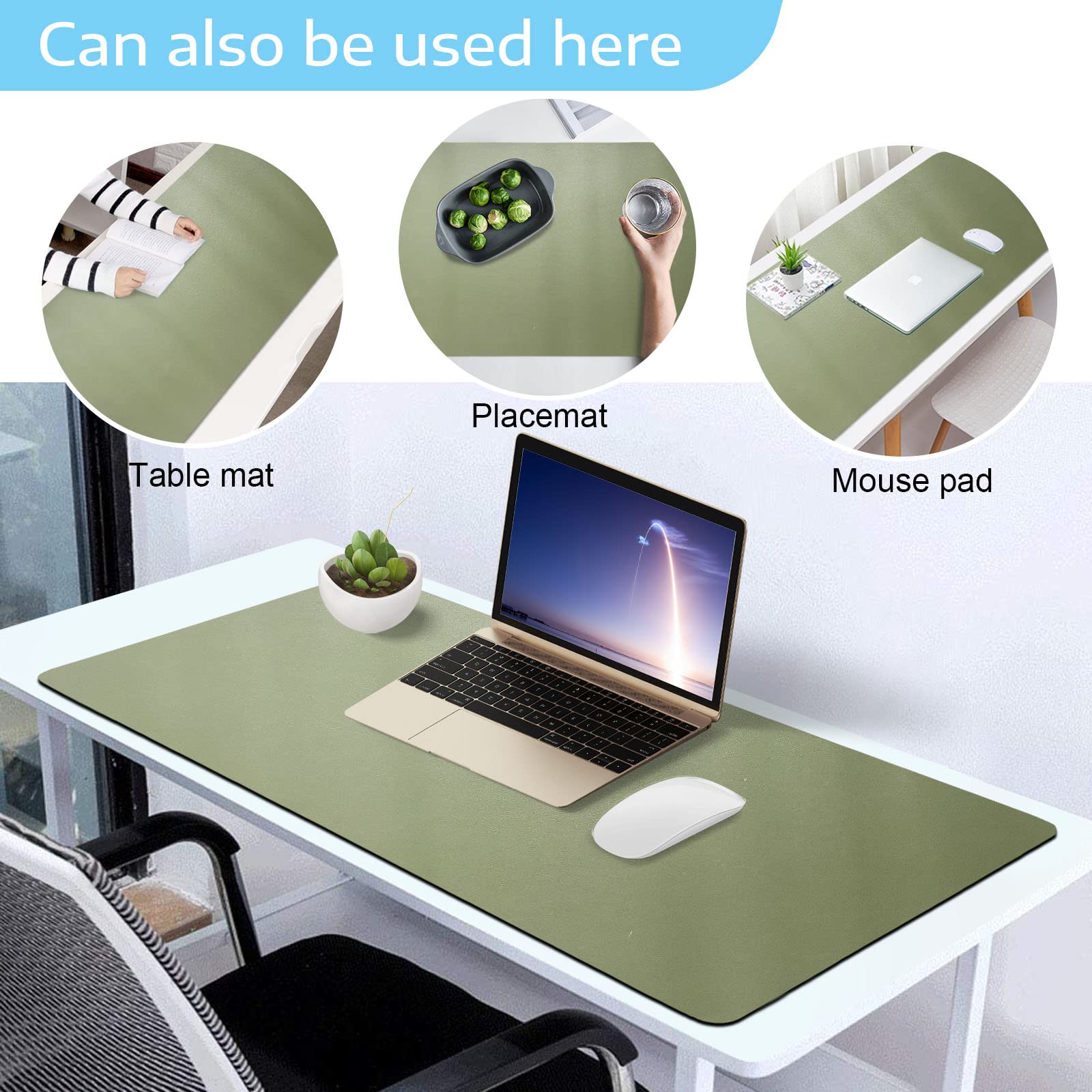 SKY-TOUCH Mouse Pad Large Leather Computer Desk Pad Office Desk Mat Extended Gaming Mouse Pad, Non-Slip Waterproof Dual-Side Use Desk Mat Protector 80cm x 40cm (Green/Silver)