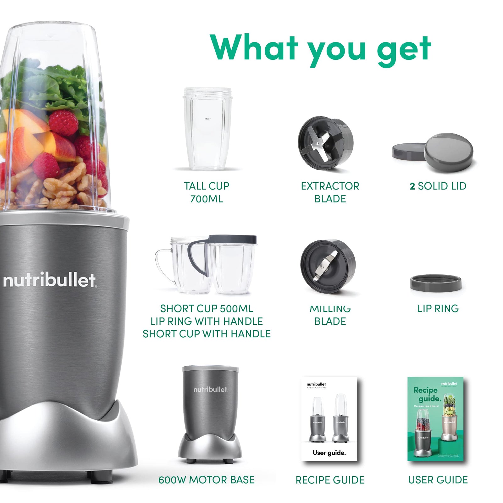 NutriBullet 600 Watts, 9pc Accessories,, Multi-Function High Speed Blender, Mixer System With Nutrient Extractor, Smoothie Maker, Grey, NBR-1212M