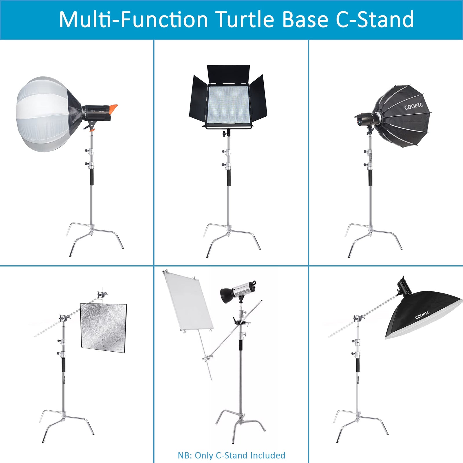 COOPIC C Stand Stainless Steel 336cm/10.8ft Max. Height Studio Photo Video 4 feet Holding Arm Grip with Turtle Base for Light Reflector (3pack Cstand with Trolley Bag)