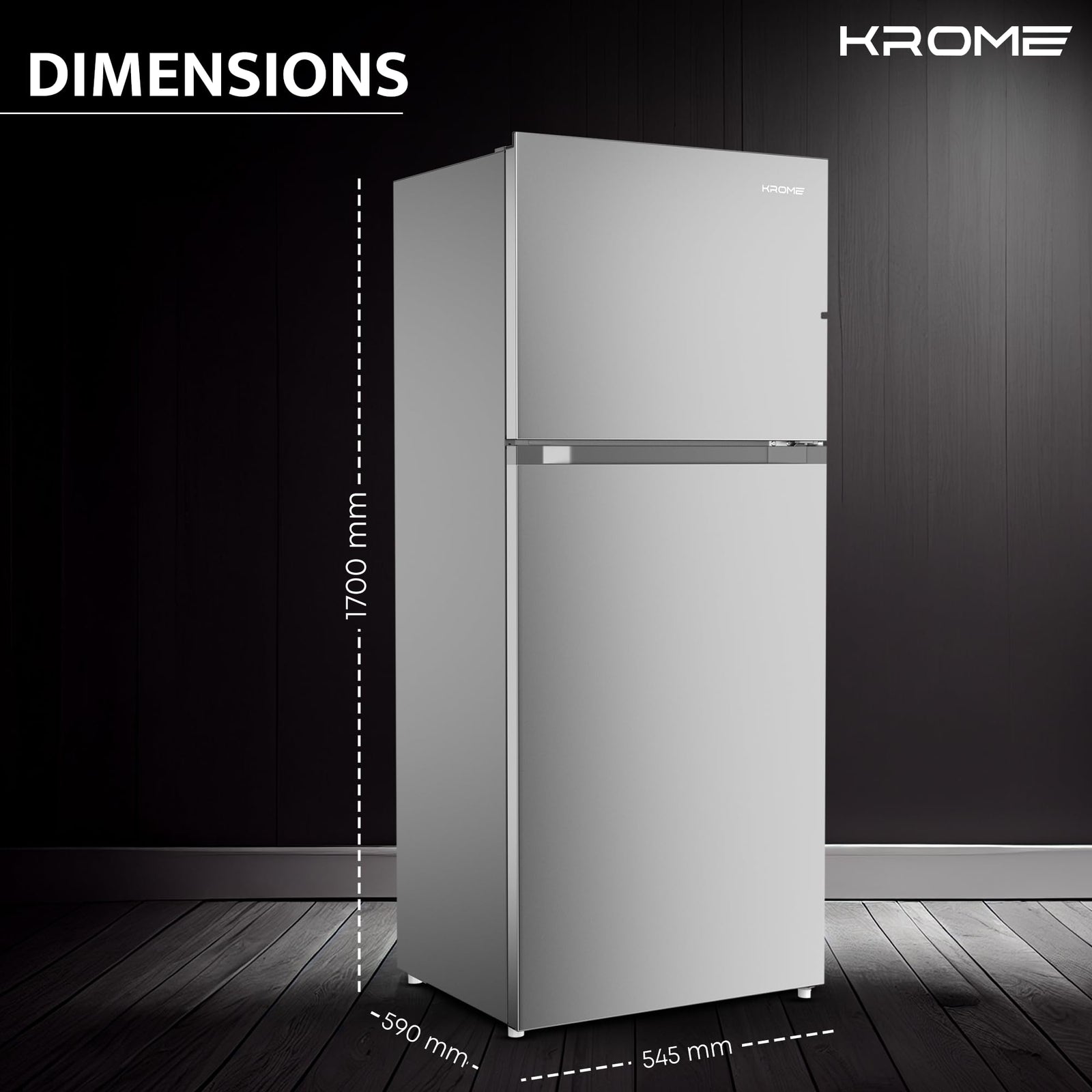 KROME 455 Liter Gross Top Mount Double Door Refrigerator, No Frost Cooling System, LED Display, Convenient Shelves For Easy Access, INOX, 10 Year Compressor - KR-RFF 480 IM