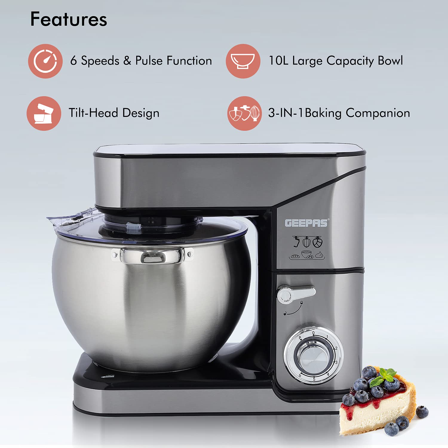 Geepas 2000W Stand Mixer 10L Stainless Steel Mixing Bowl For Bread & Dough, Tiltup Head 6 Speed With Pulse Power Indicator , Multicolor, Gsm43041