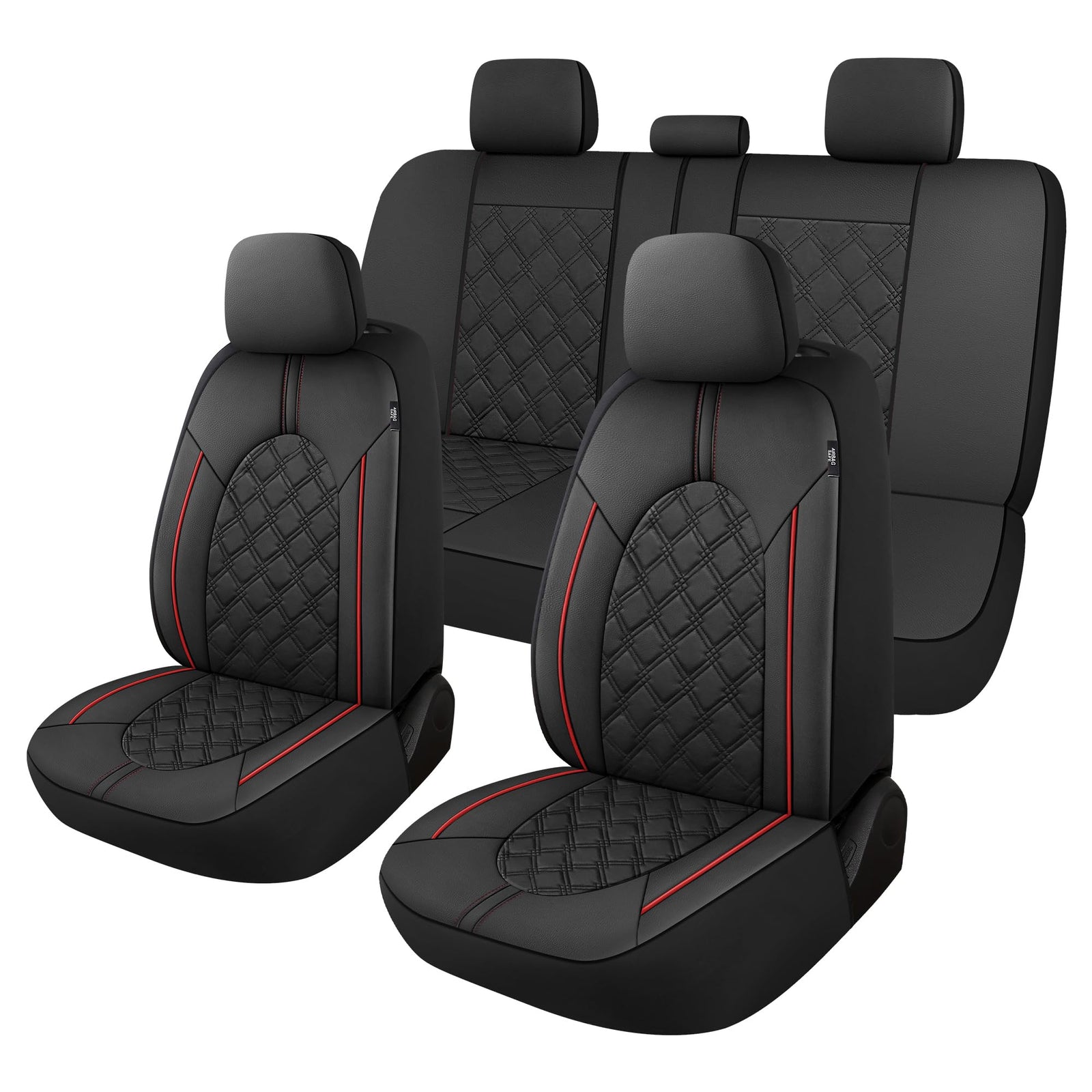 CAROMOP Luxury Leather Car Seat Covers Full Set-Waterproof Seat Protectors with Split Bench Seat Covers for Cars-Universal Cars Interior Covers for Sedans, SUVs, Pick-up Trucks (Black/Red Line)