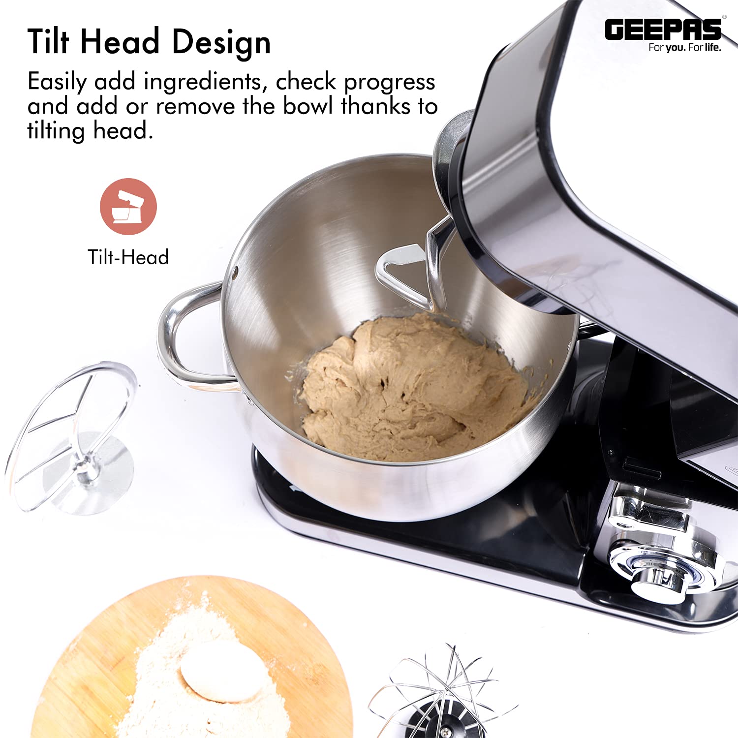 Geepas 2000W Stand Mixer 10L Stainless Steel Mixing Bowl For Bread & Dough, Tiltup Head 6 Speed With Pulse Power Indicator , Multicolor, Gsm43041