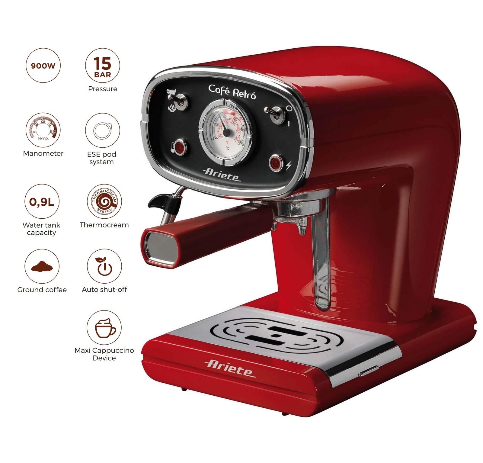 Ariete Vintage Pump Expresso Coffee Machine with Steamer, Maxi Cappuccino Maker, Ground Coffee and ESE Pods Compatible, 900W, 15 Bar, with Auto Shut-off, Perfect for Home and Office - Red ART1388A