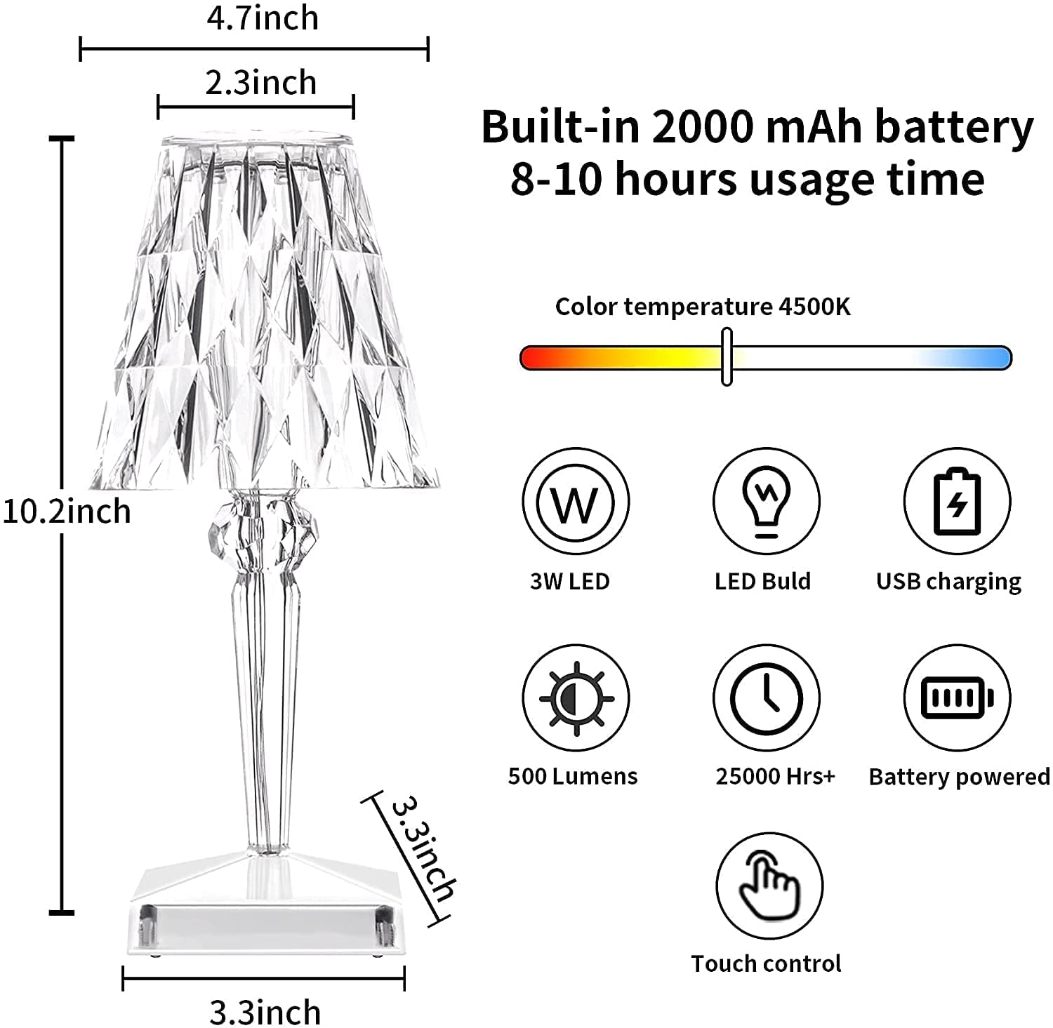Touch Crystal Diamond Table Lamp, Romantic LED Night Light Modern Gift Relax Bedside Lamp with USB Charging Port Decoration Desk Nightstand Lamps for LivingRoom/Bedroom/Study Room/Office/Bar