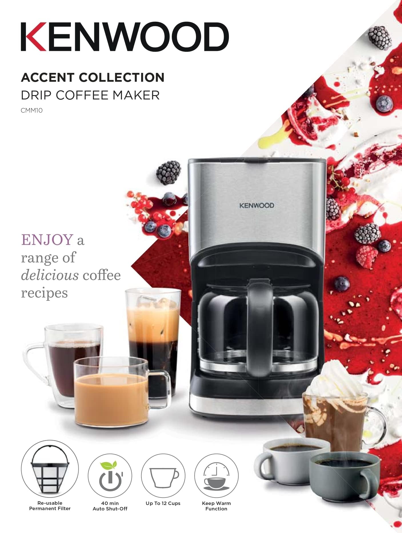 Kenwood Coffee Machine Up To 12 Cup Coffee Maker For Drip Coffee And Americano 900W 40 Min Auto Shut Off, REUSable Filter, Anti Drip Feature, Warming Plate And Easy To Clean Cmm10.000Bm Black/Silver