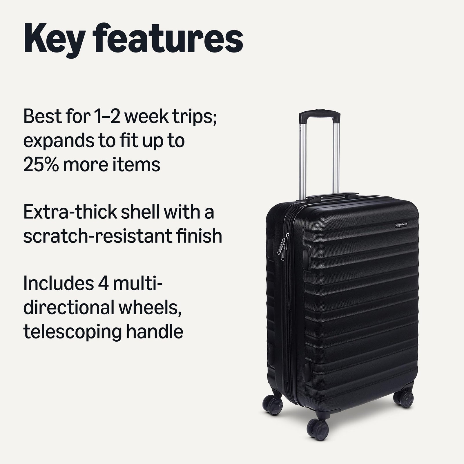 Amazon Basics Hardside Spinner Luggage - 26 Inch (68cm), Material: ABS, Black